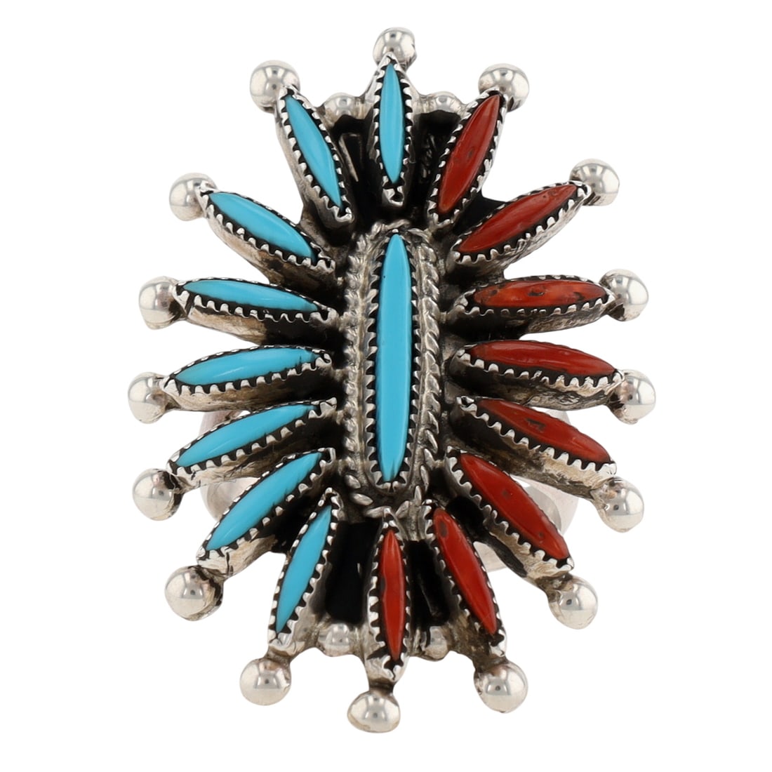 Gerald E Zuni Sterling Multi-Stone Needlepoint Ring Sz 7.5: Gerald E Zuni Sterling Multi-Stone Needlepoint Ring Sz 7.5, 7g-Coral, Turquoise
