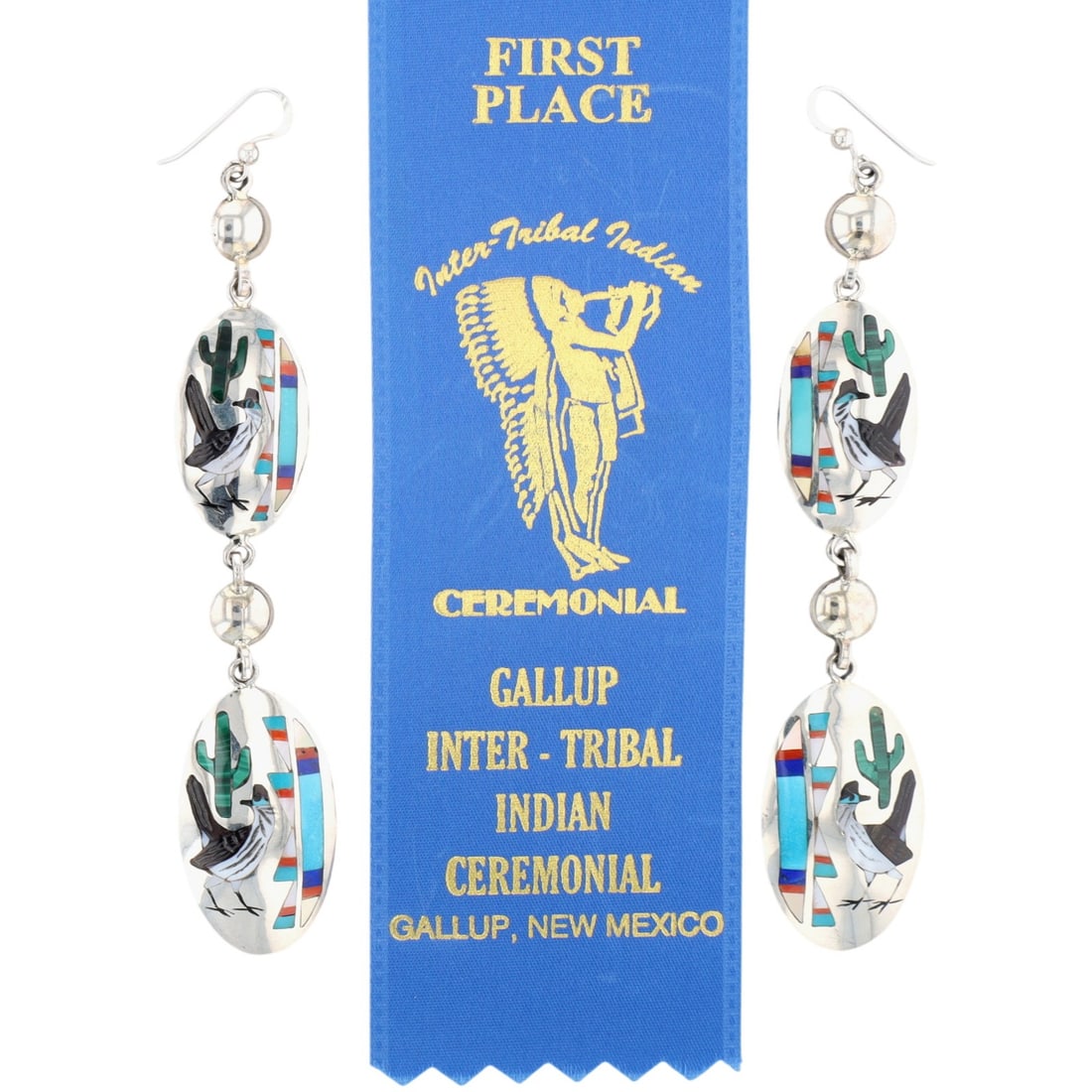 1st PLACE Quintin Quam Sr Zuni Sterling Multi-Stone Desert Scene Inlay Earrings: 1st PLACE Quintin Quam Sr Zuni Sterling Multi-Stone Desert Scene Inlay Earrings 30g-Roadrunner Cactus Inlay-Malachite, Jet, Mother-of-Pearl, Turquoise, Lapis, Coral