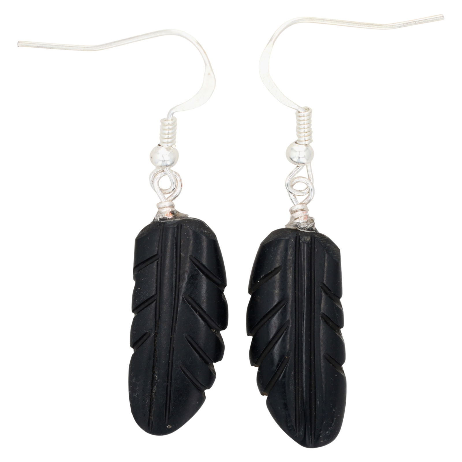 Zuni Sterling Carved Jet Feather Hook Earrings: Zuni Sterling Carved Jet Feather Hook Earrings 2g