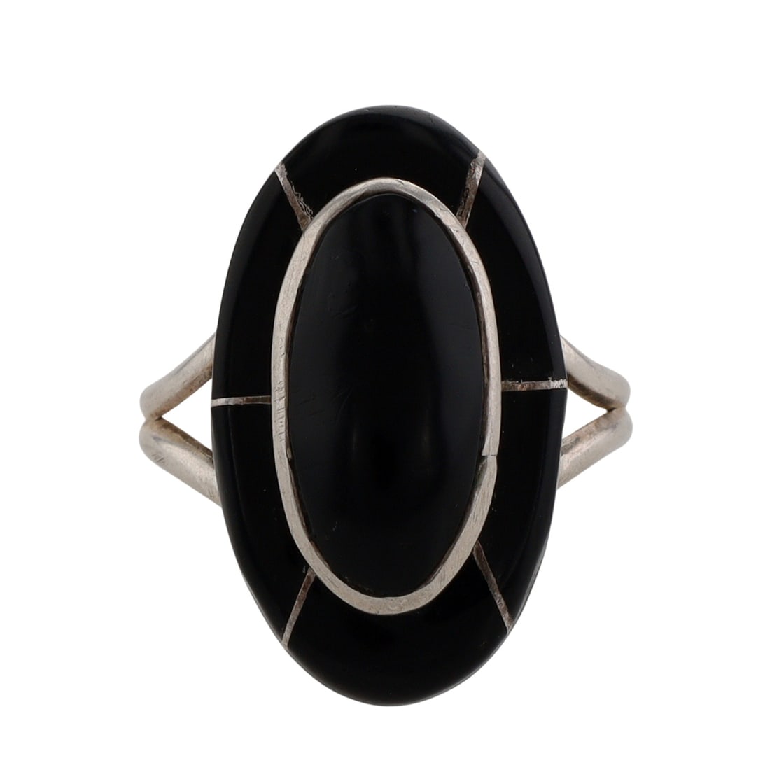 Signed Navajo Sterling Onyx Inlay Ring Sz 8: Signed 'R' Navajo Sterling Onyx Inlay Ring Sz 8, 5g