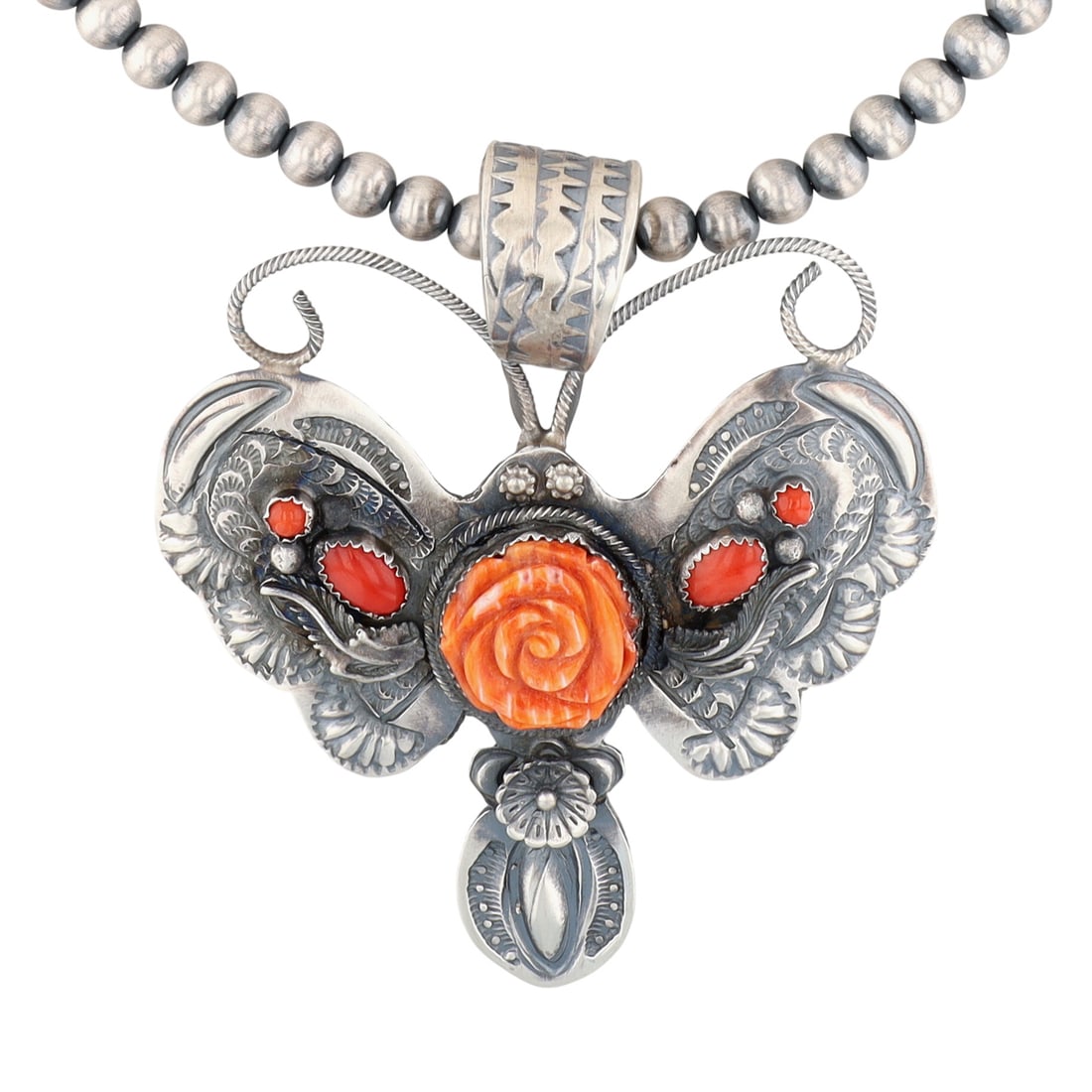 Richard Yazzie Navajo Sterling Multi-Stone Butterfly Necklace: Richard Yazzie Navajo Sterling Multi-Stone Butterfly Necklace 83g-Carved Spiny Oyster Flower, Coral