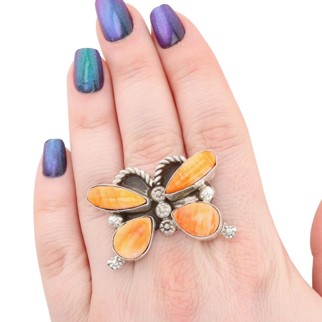 Darlene Begay Navajo Sterling Spiny Oyster Butterfly Adjustable Ring: Darlene Begay Navajo Sterling Spiny Oyster Butterfly Adjustable Ring Sz 8.5, 16g