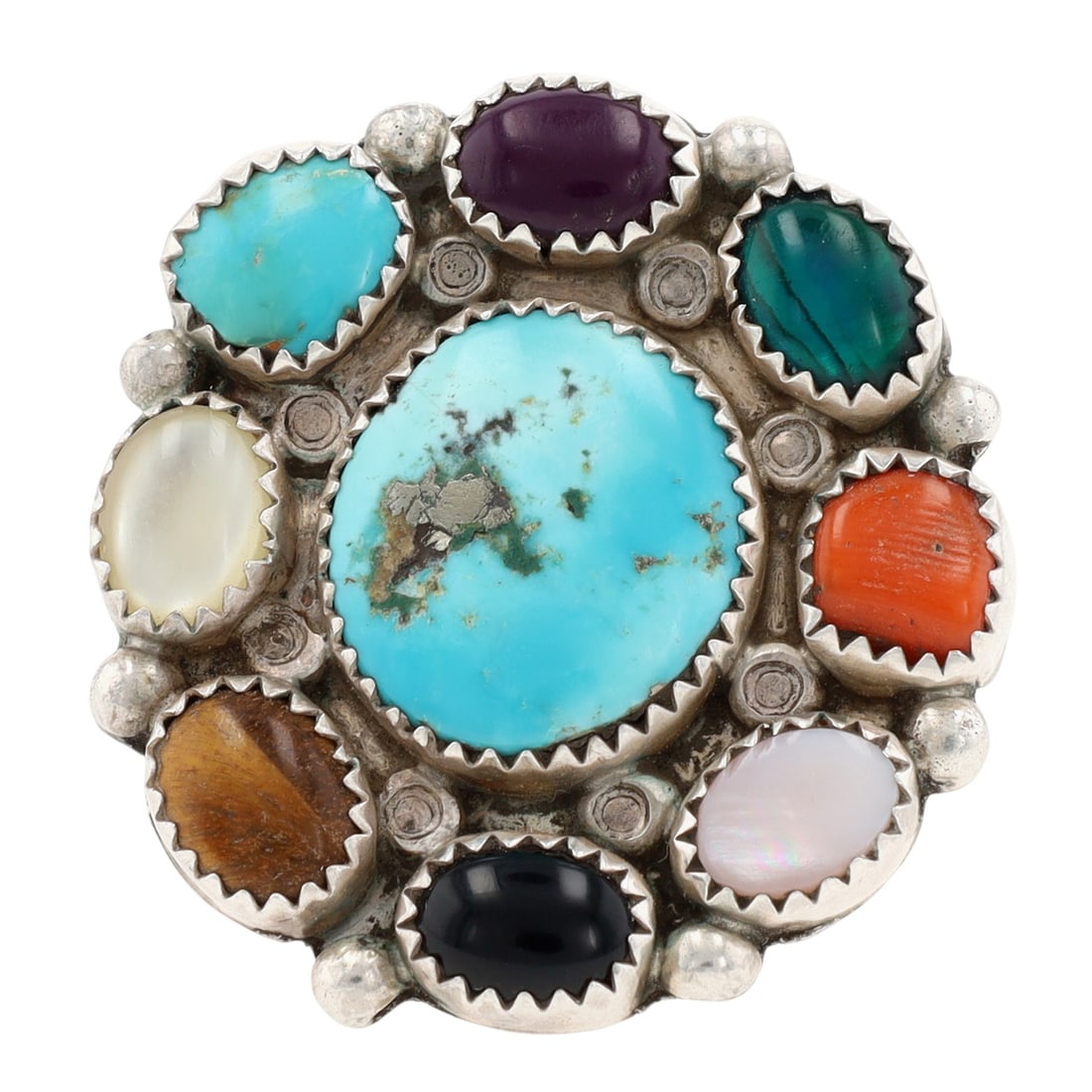 Signed Navajo Sterling Multi-Stone Cluster Ring Sz 8.5: Signed Navajo Sterling Multi-Stone Cluster Ring Sz 8.5-Turquoise, Amethyst, Mother-of-Pearl, Foiled Glass, Coral, Tigers Eye, Onyx