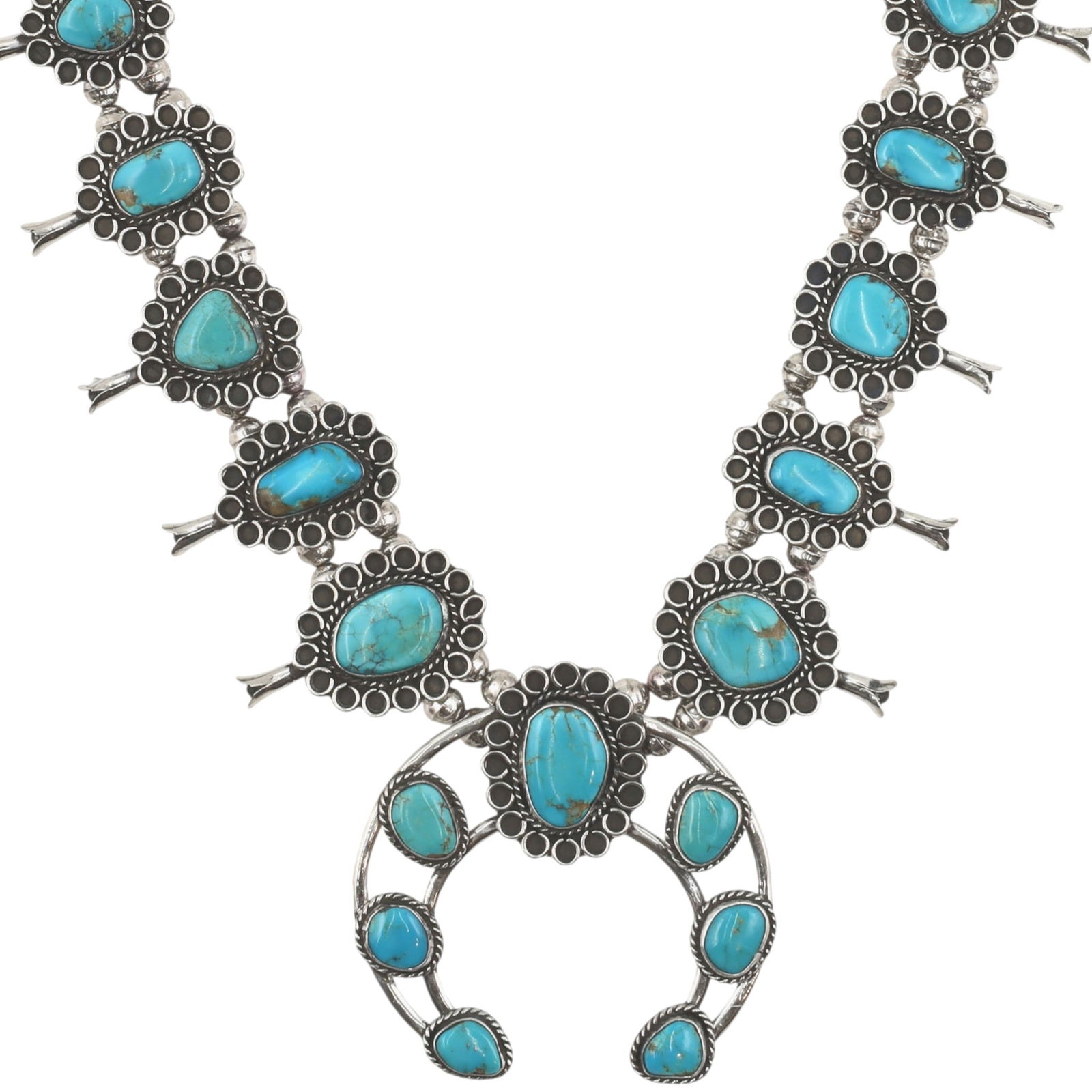 Vintage Navajo Sterling Turquoise Squash Blossom Necklace (1 of 6)