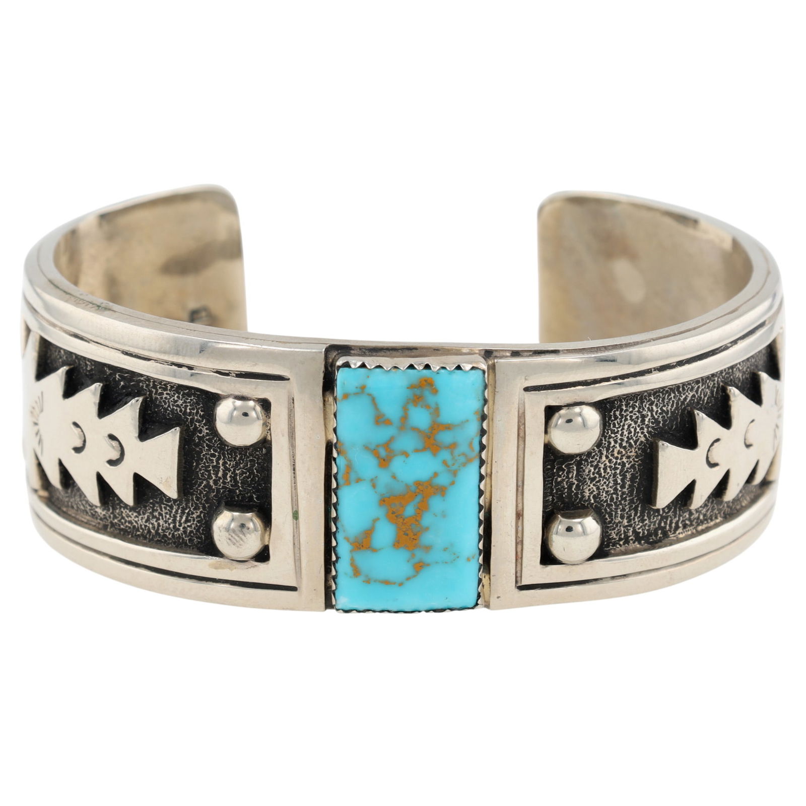Signed Navajo Nickel Silver Turquoise Overlay Cuff Bracelet (1 of 7)