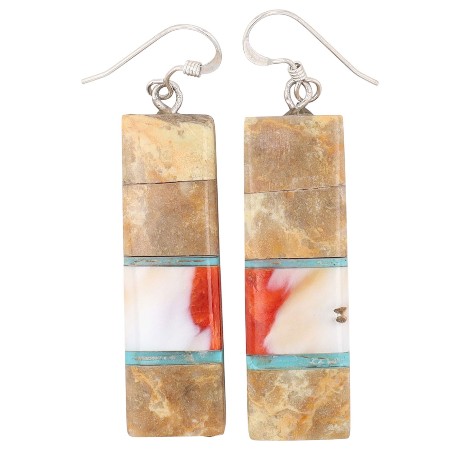 Award Winning Artist Stacey Turpen Navajo Sterling Multi-Stone Inlay Hook Earrings: Award Winning Artist Stacey Turpen Navajo Sterling Multi-Stone Inlay Hook Earrings 10g-Picture Jasper, Spiny Oyster, Turquoise