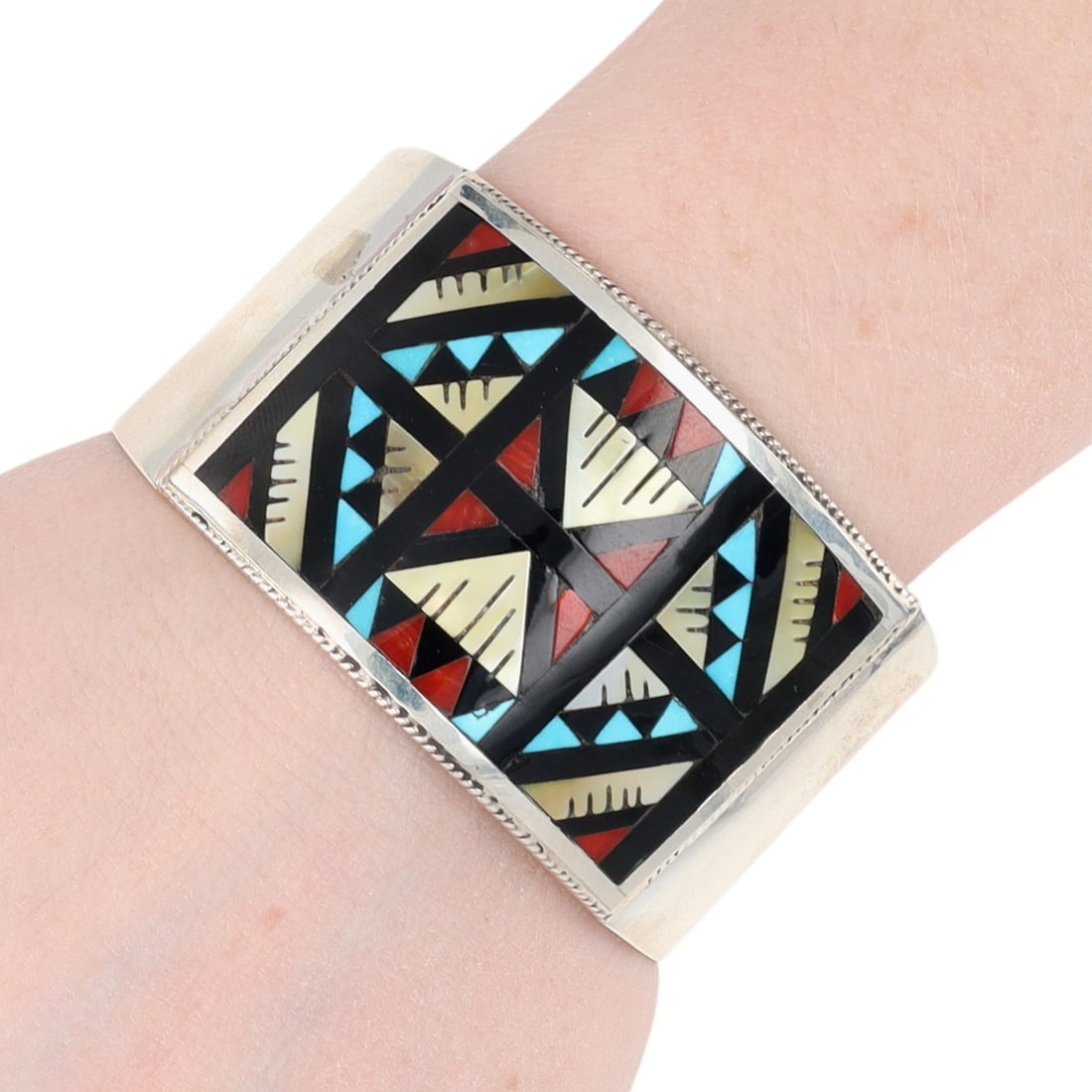 Lisa & Leander Othole Zuni Sterling Multi-Stone Inlay Cuff Bracelet: Lisa & Leander Othole Zuni Sterling Multi-Stone Inlay Cuff Bracelet 46g-Turquoise, Coral, Jet, Mother-of-Pearl