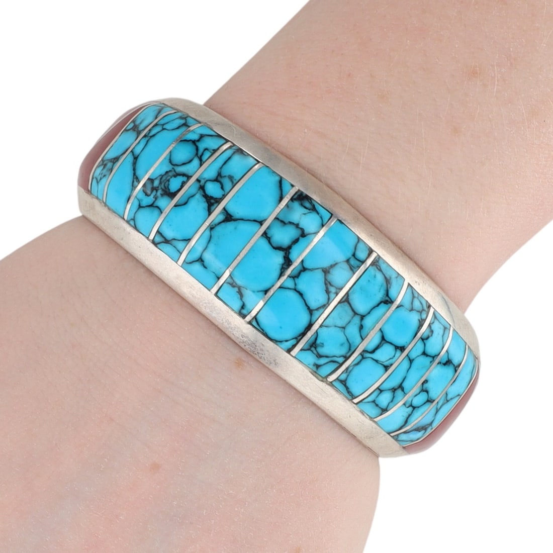Signed Navajo Sterling Multi-Stone Inlay Cuff Bracelet: Signed Navajo Sterling Multi-Stone Inlay Cuff Bracelet 66g-Turquoise, Coral