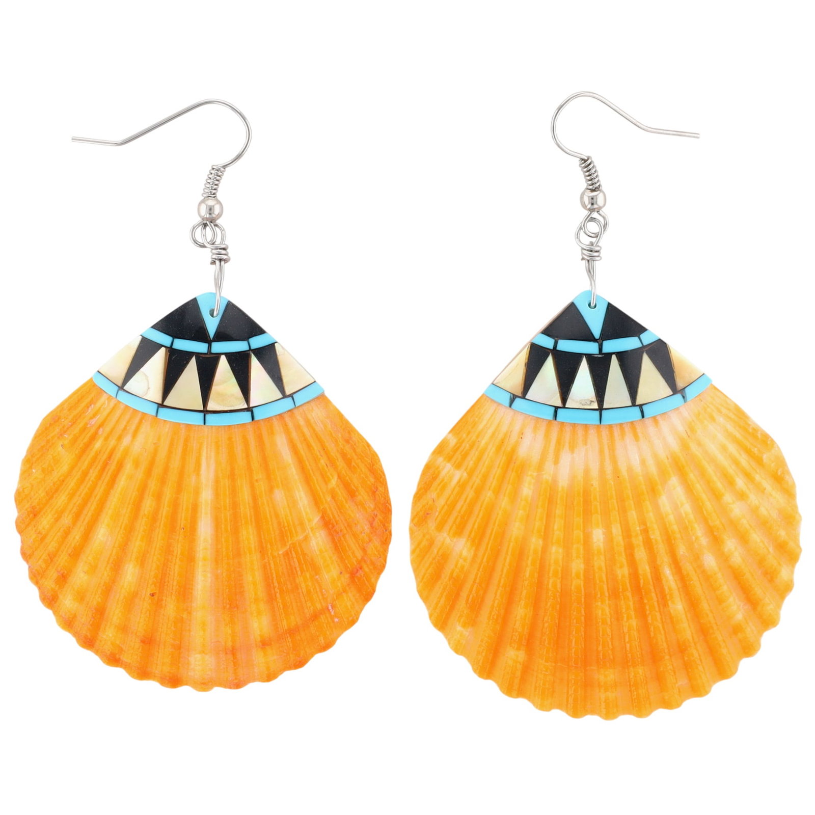 Zuni Sterling Multi-Stone Inlay On Shell Hook Earrings: Zuni Sterling Multi-Stone Inlay On Shell Hook Earrings 11g-Turquoise, Jet, Mother-of-Pearl