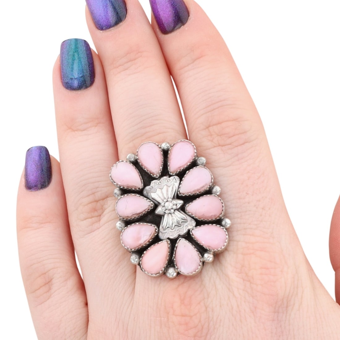 Lorraine Spencer Navajo Sterling Mother-of-Pearl Bow Ring Sz 10.5 (1 of 8)