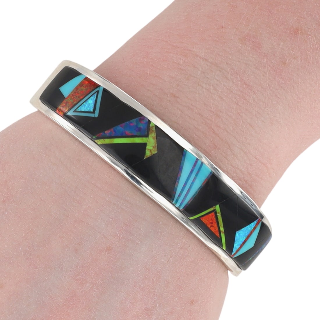 Larson Lee Navajo Sterling Multi-Stone Inlay Cuff Bracelet: Larson Lee Navajo Sterling Multi-Stone Inlay Cuff Bracelet 59g-Jet, Opals, Turquoise, Gaspeite-For TSF- Touch of Santa Fe