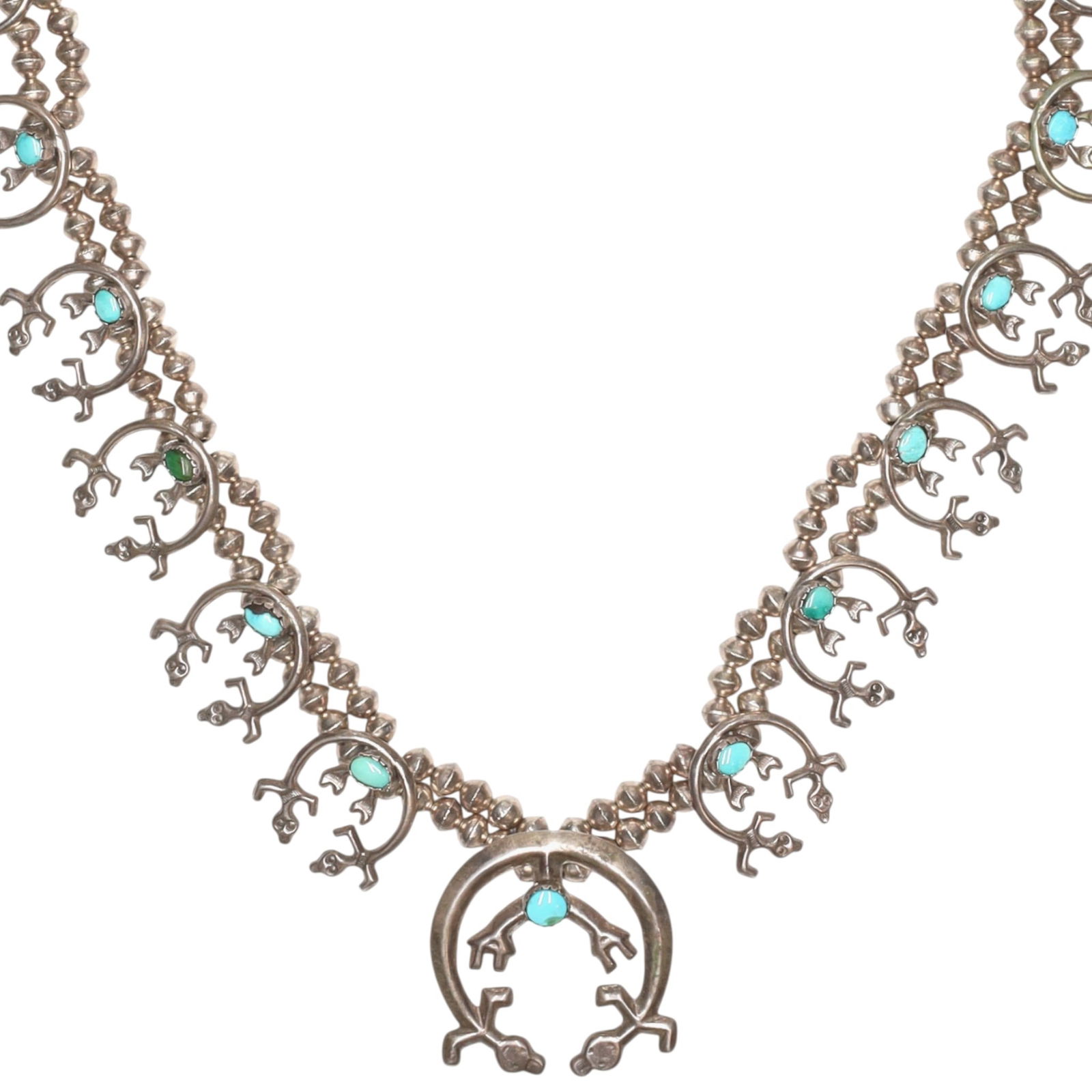 Vintage Navajo Sandcast Sterling Turquoise Rainbow Man Necklace: Vintage Navajo Sandcast Sterling Turquoise Rainbow Man Necklace 176g-Approx 30 inches