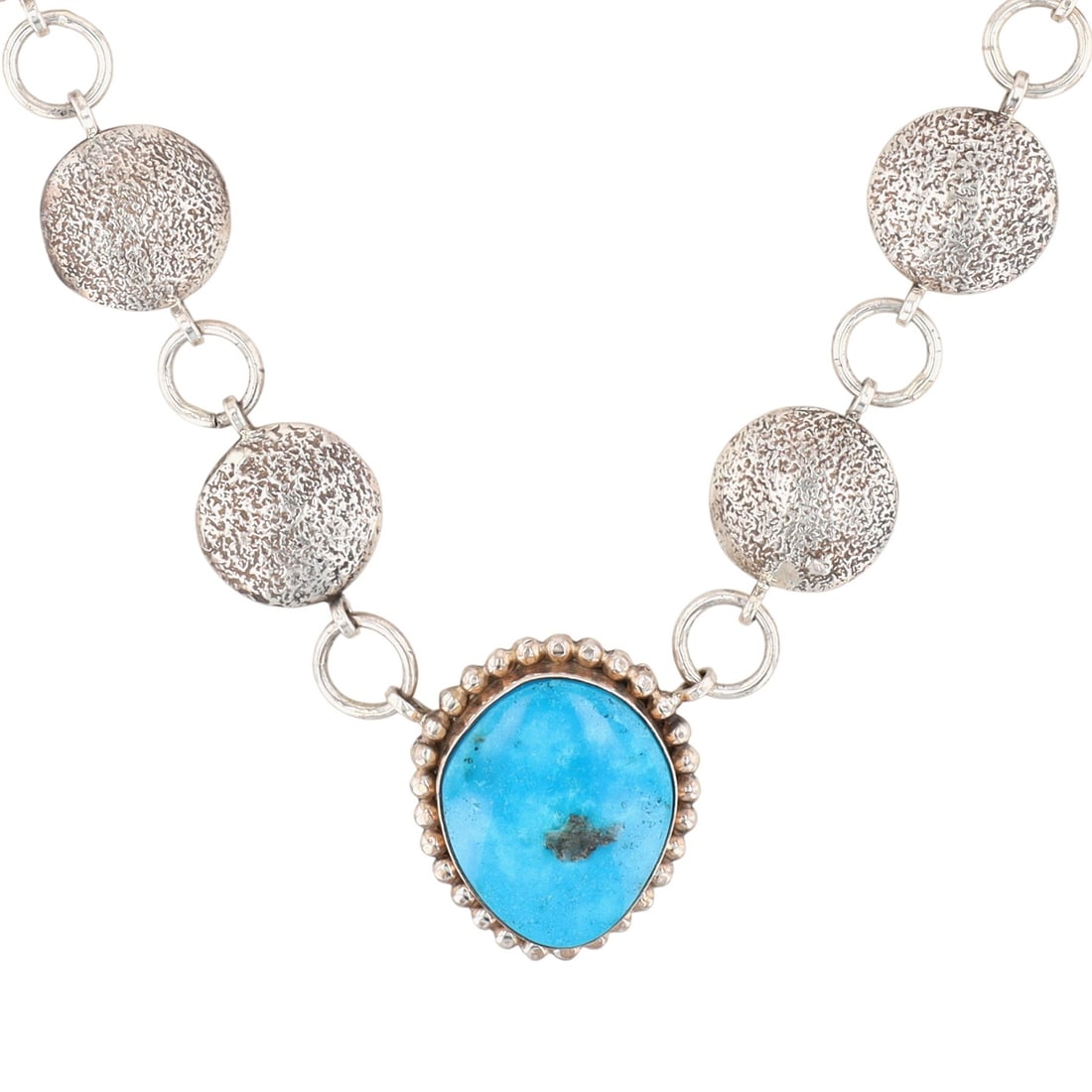 Signed Vintage Navajo Sterling Turquoise Hollow Form Necklace: Signed 'M' Vintage Navajo Sterling Turquoise Hollow Form Necklace