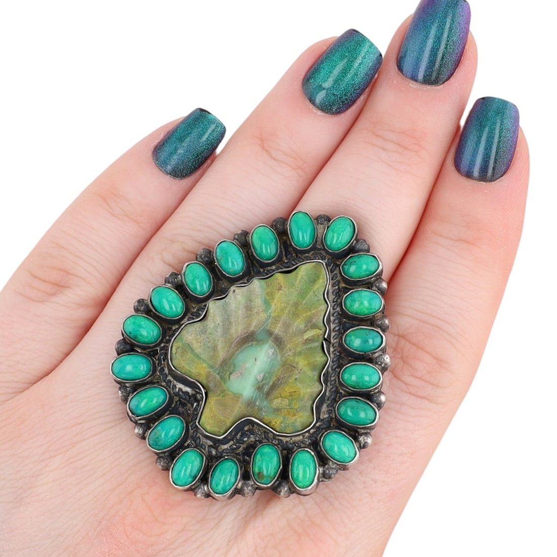 Anthony Skeets Navajo Sterling Green Turquoise Carved Leaf Cluster Ring Sz 9: Anthony Skeets Navajo Sterling Green Turquoise Carved Leaf Cluster Ring Sz 9, 26.5g