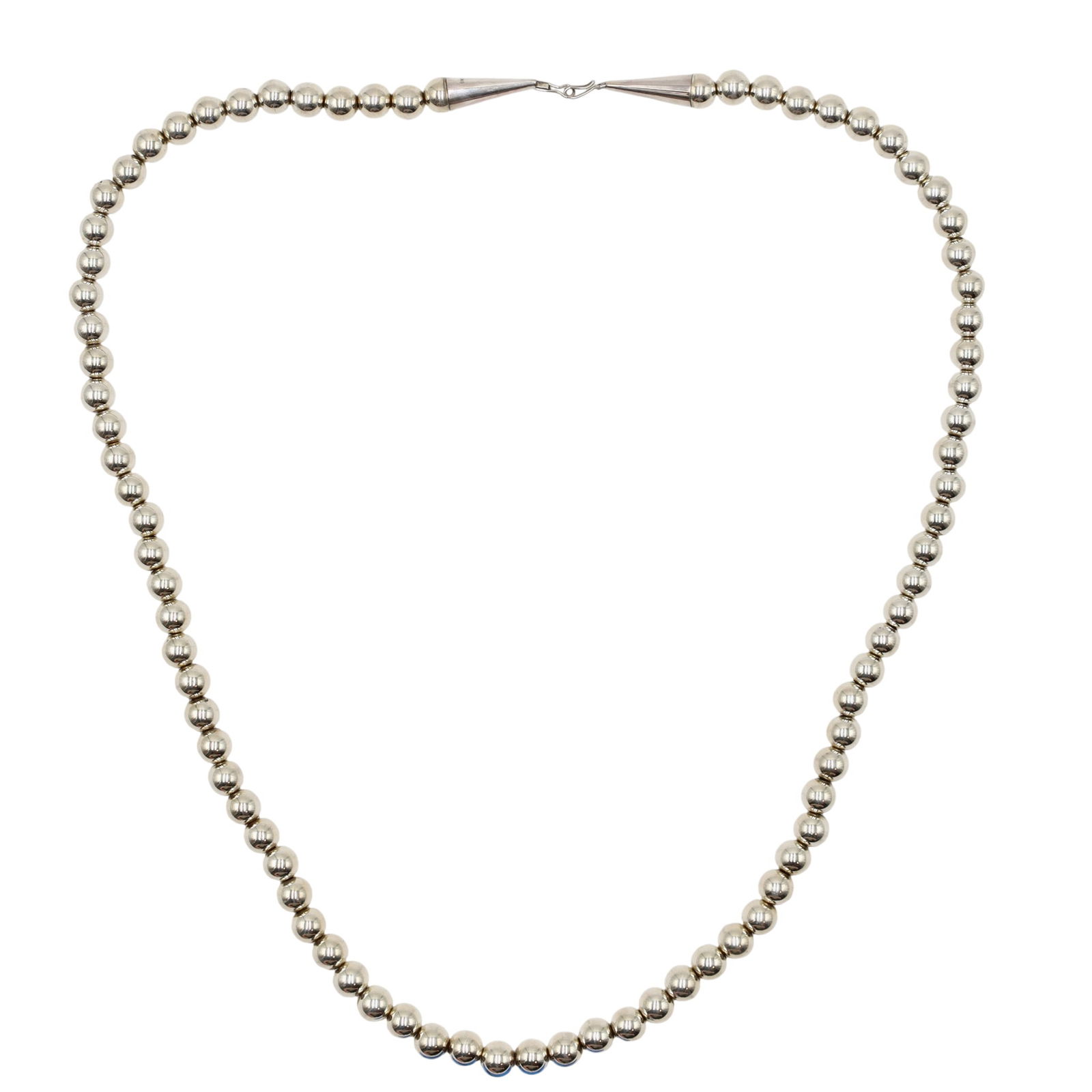 Navajo Plain Silver Beaded Necklace: Navajo Sterling Plain Silver Beaded Necklace 73g-Approx 32 inches-Approx 7-8mm beads