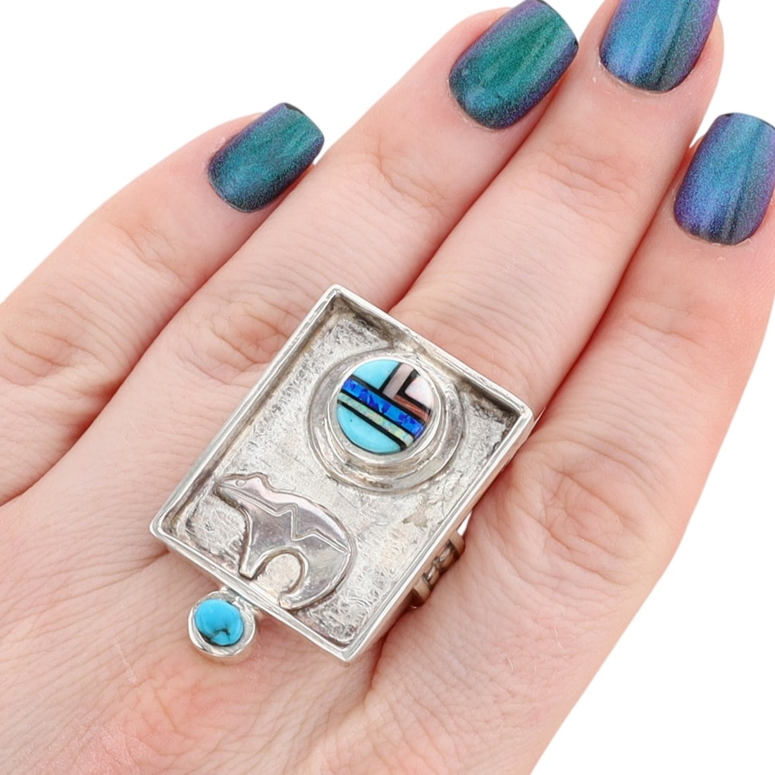Signed Navajo Sterling Multi-Stone Inlay Heartline Bear Shadow Box Ring Sz 9: Signed Navajo Sterling Multi-Stone Inlay Heartline Bear Shadow Box Ring Sz 9, 19g-Opal, Turquoise, Onyx, Shell