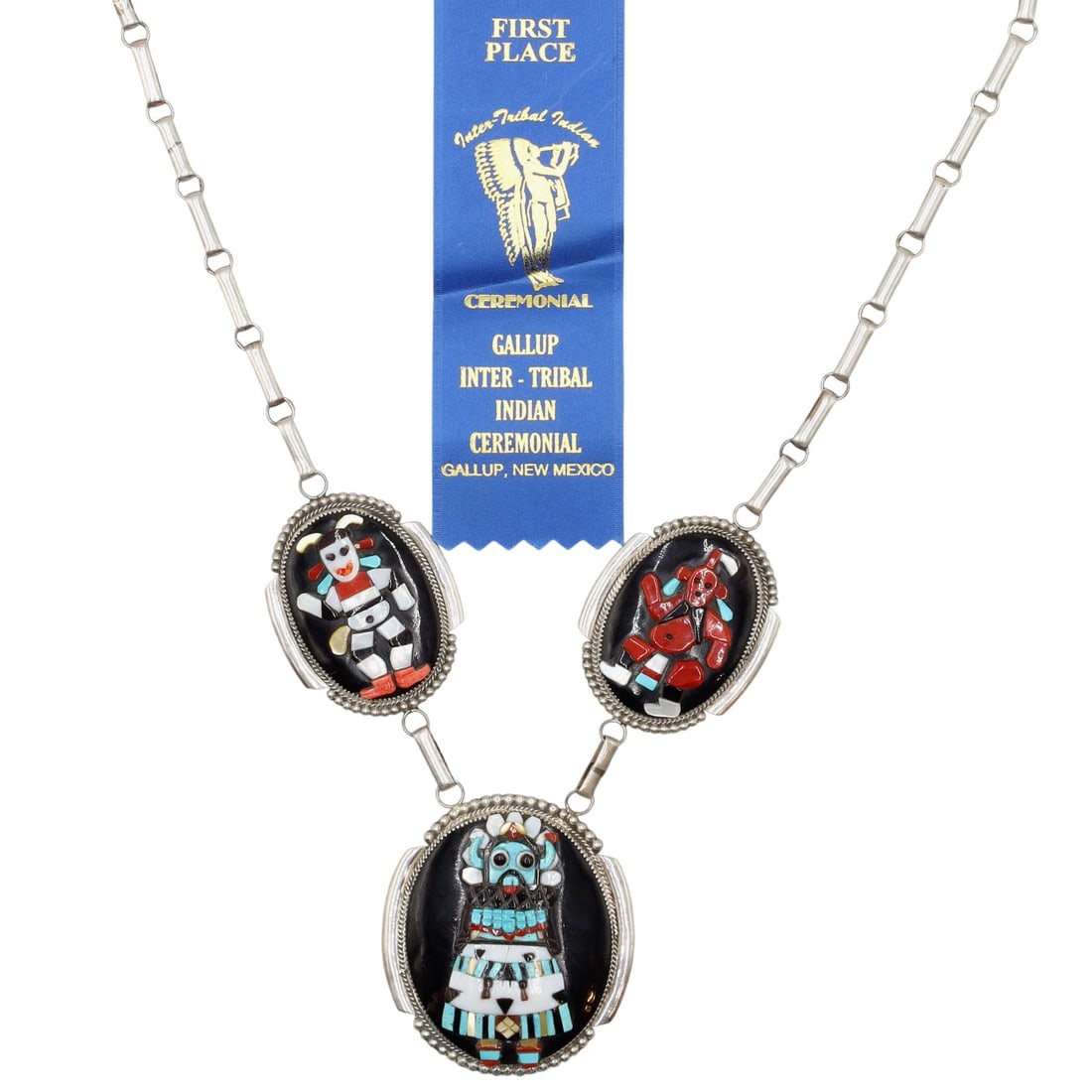 MUST SEE 1st Place Beverly Etsate Zuni Sterling Multi-Stone Kachina Necklace: MUST SEE 1st Place Beverly Etsate Zuni Sterling Multi-Stone Kachina Necklace 147g-Coral, Turquoise, Mother-of-Pearl, Jet, Onyx, Spiny Oyster-Approx 30 inches-Ribbon will be included with the lot with