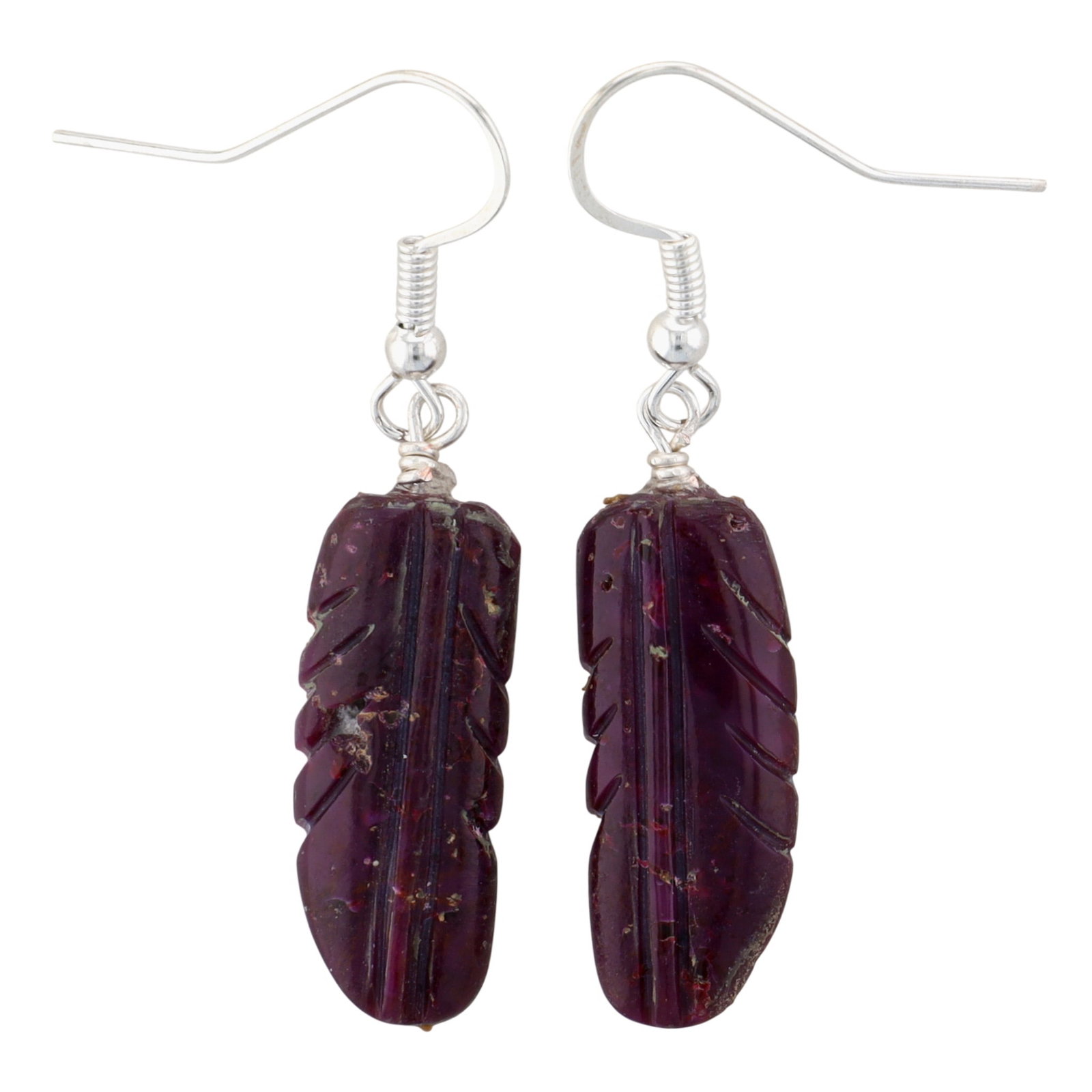 Zuni Sterling Carved Spiny Oyster Feather Hook Earrings: Zuni Sterling Carved Spiny Oyster Feather Hook Earrings 3g-Natural Inclusions