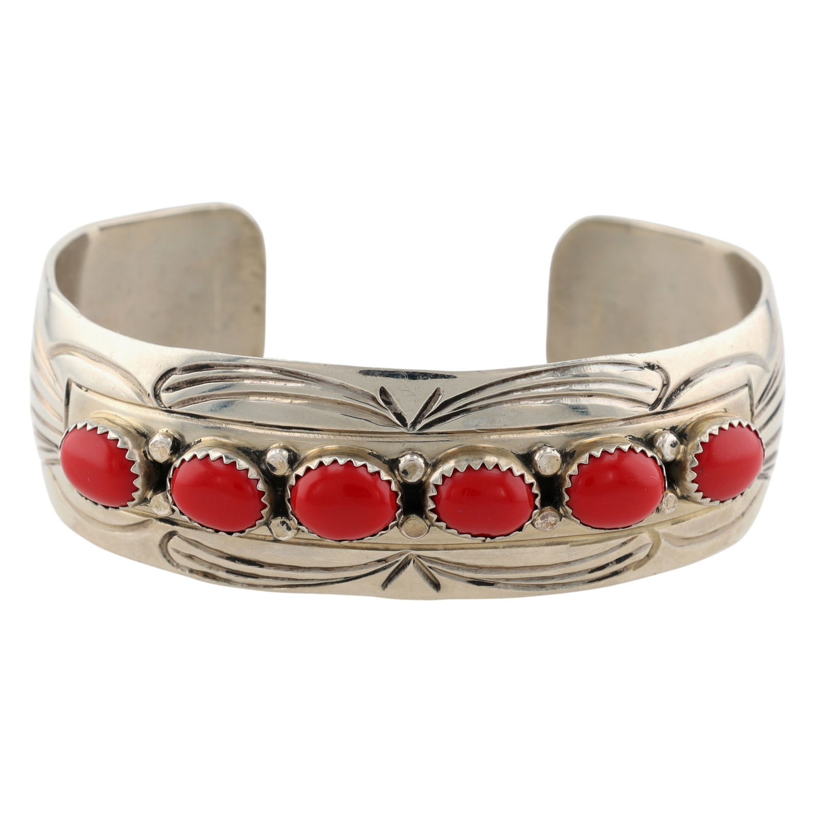 Signed Vintage Navajo Nickel Silver Red Coral Cuff Bracelet (1 of 7)
