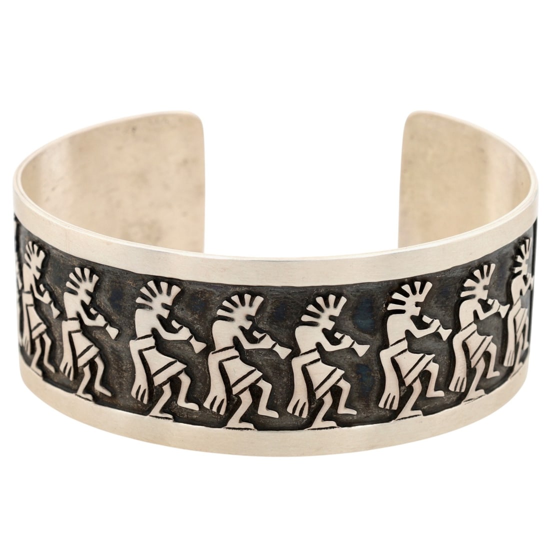 Richardson's Trading Post Lester Gene Navajo Plain Silver Kokopelli Overlay Cuff Bracelet: Presented in partnership with the historic Richardson’s Trading Post, a cornerstone of Native American jewelry since 1913. Selected from their archives of rare vintage and contemporary pieces. Leste