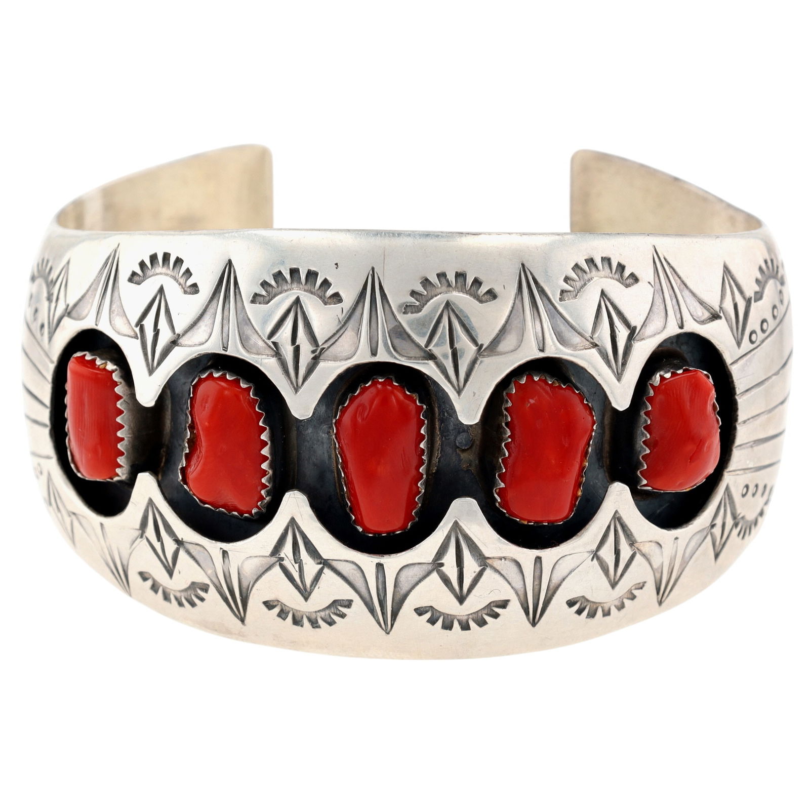 Richardson's Trading Post Pauline Benally Navajo Sterling Coral Shadow Box Cuff Bracelet (1 of 10)
