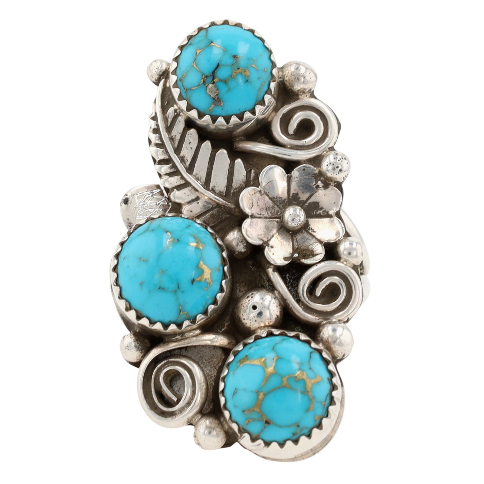 Richardson's Trading Post Signed Navajo Sterling Blue Copper Turquoise Blossom Ring Sz 8.25 (1 of 8)