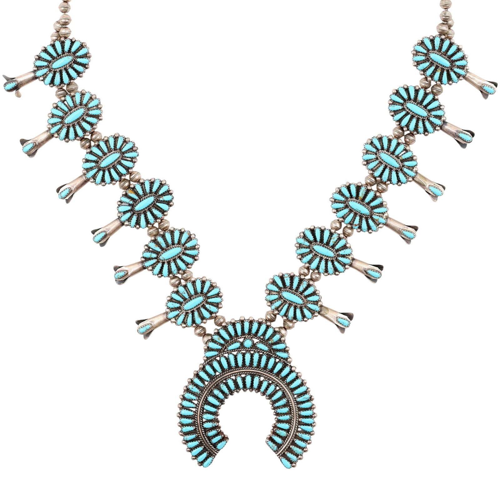 Richardson's Trading Post Henry Baca Navajo Sterling Turquoise Cluster Squash Blossom Necklace (1 of 8)