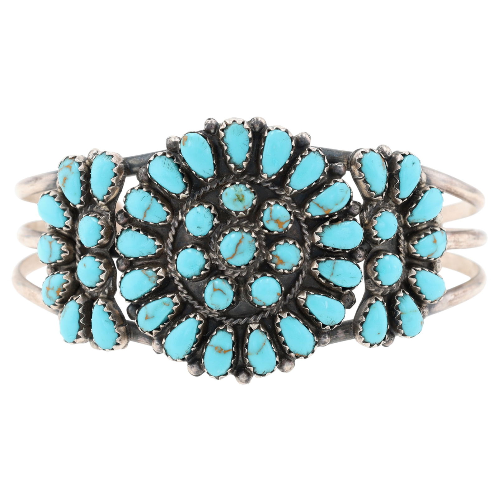 Richardson's Trading Post Henry Baca Navajo Sterling Turquoise Cluster Cuff Bracelet: Presented in partnership with the historic Richardson’s Trading Post, a cornerstone of Native American jewelry since 1913. Selected from their archives of rare vintage and contemporary pieces. Henry