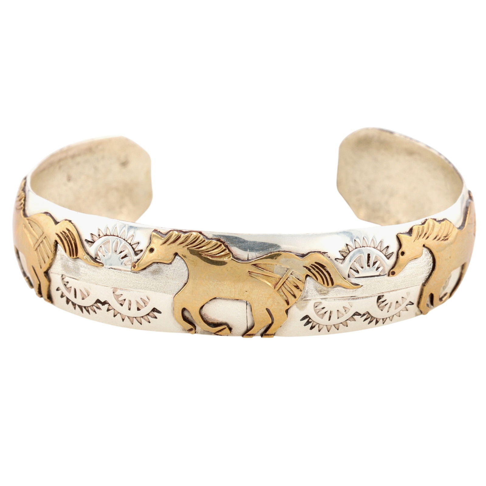 Richardson's Trading Post Signed Navajo Gold Over Sterling Horse Overlay Cuff Bracelet: Presented in partnership with the historic Richardson’s Trading Post, a cornerstone of Native American jewelry since 1913. Selected from their archives of rare vintage and contemporary pieces. Signe