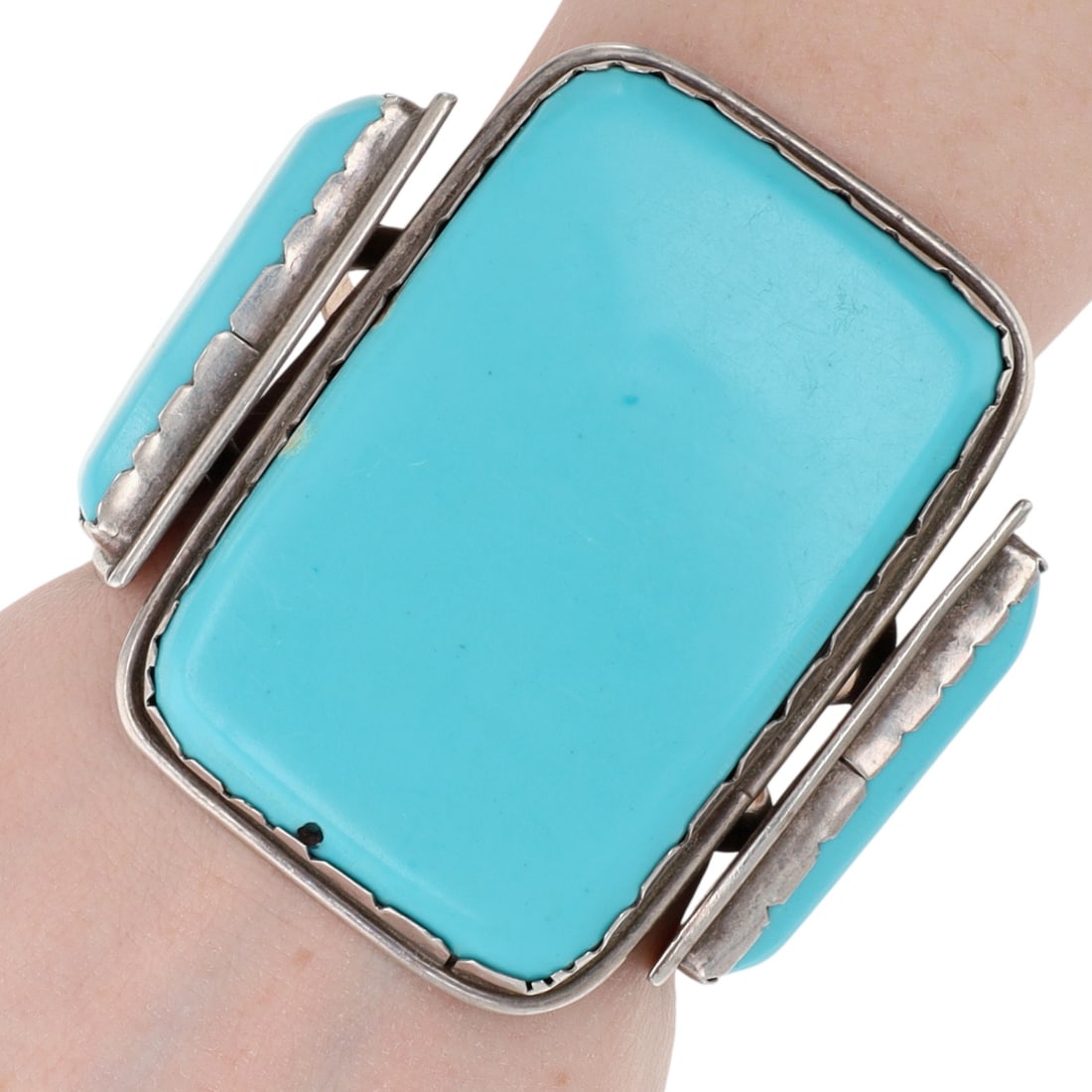 Richardson's Trading Post Beautiful Vintage Sybil Cachini Zuni Sterling Turquoise Cuff Bracelet: Presented in partnership with the historic Richardson’s Trading Post, a cornerstone of Native American jewelry since 1913. Selected from their archives of rare vintage and contemporary pieces. Beaut