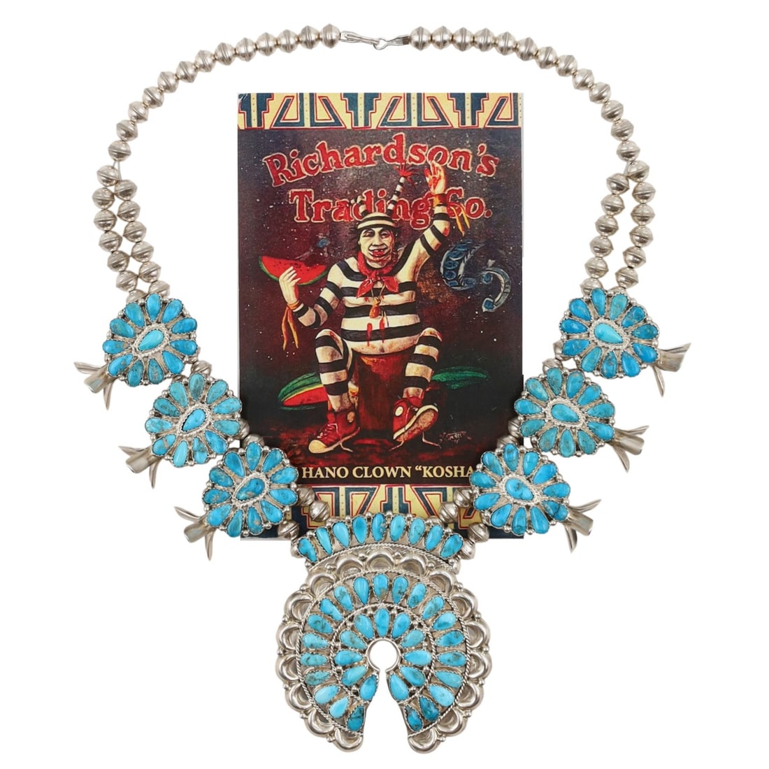 Richardson's Trading Post Signed Vintage Navajo Sterling Turquoise Squash Blossom Necklace: Presented in partnership with the historic Richardson’s Trading Post, a cornerstone of Native American jewelry since 1913. Selected from their archives of rare vintage and contemporary pieces. Signe