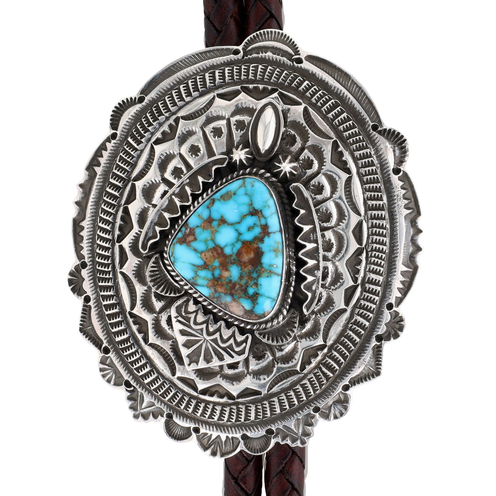Richardson's Trading Post Freddie Maloney Navajo Sterling Turquoise Bolo Tie: Presented in partnership with the historic Richardson’s Trading Post, a cornerstone of Native American jewelry since 1913. Selected from their archives of rare vintage and contemporary pieces. Fredd