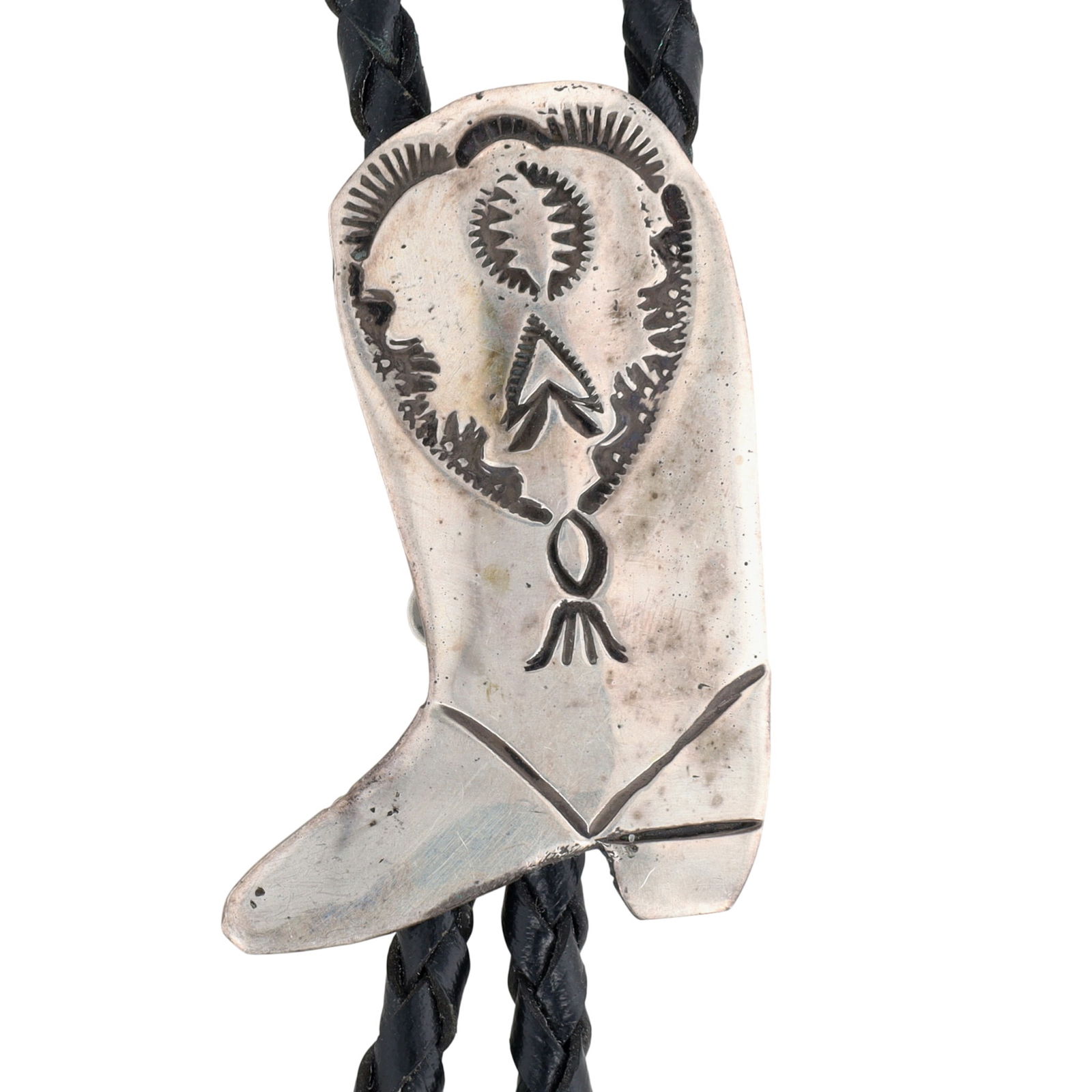 Richardson's Trading Post Albert & Jeanette Brown Navajo Plain Silver Boot Bolo Tie: Presented in partnership with the historic Richardson’s Trading Post, a cornerstone of Native American jewelry since 1913. Selected from their archives of rare vintage and contemporary pieces. Alber