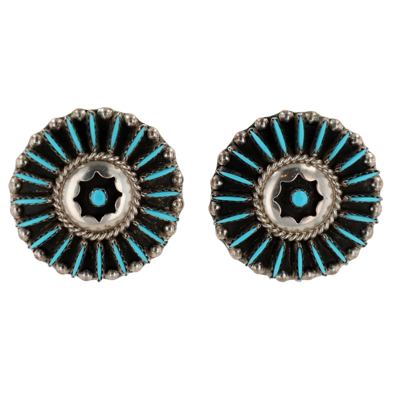 Richardson's Trading Post Signed Zuni Sterling Needlepoint Turquoise Shadow Box Stud Earrings (1 of 5)