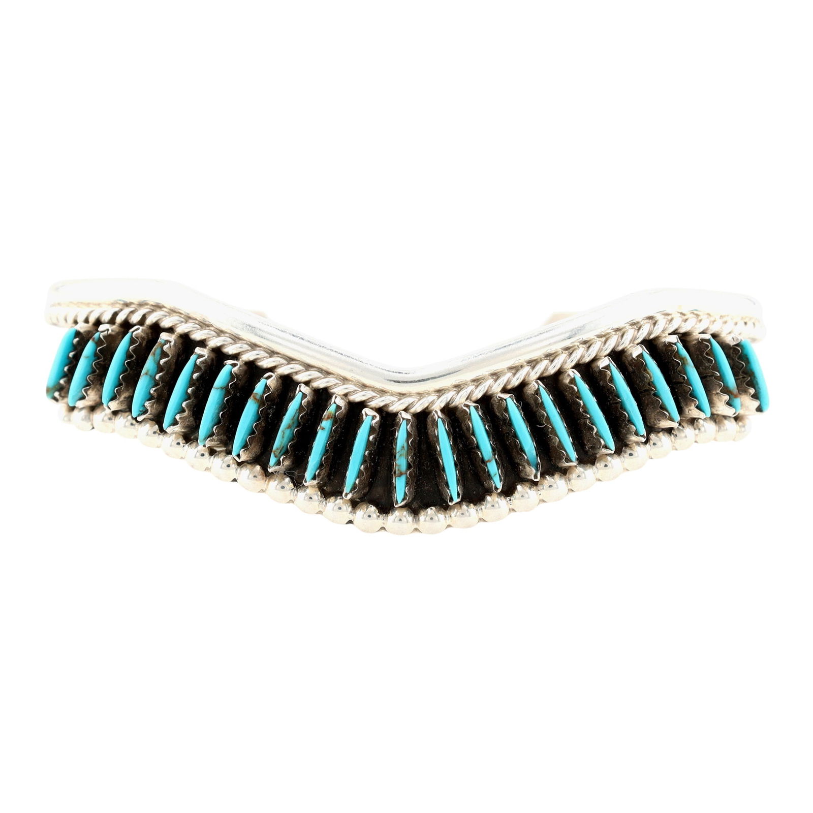 Richardson's Trading Post Signed Zuni Sterling Needlepoint Turquoise Cuff Bracelet: Presented in partnership with the historic Richardson’s Trading Post, a cornerstone of Native American jewelry since 1913. Selected from their archives of rare vintage and contemporary pieces. Signe