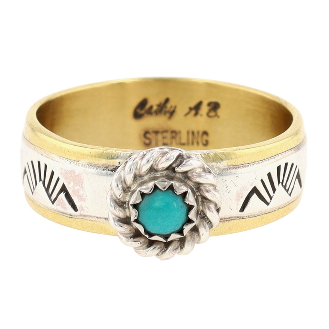 Richardson's Trading Post Cathy AB Southwestern Style Two Tone Sterling Turquoise Ring Sz 8: Presented in partnership with the historic Richardson’s Trading Post, a cornerstone of Native American jewelry since 1913. Selected from their archives of rare vintage and contemporary pieces. Cathy