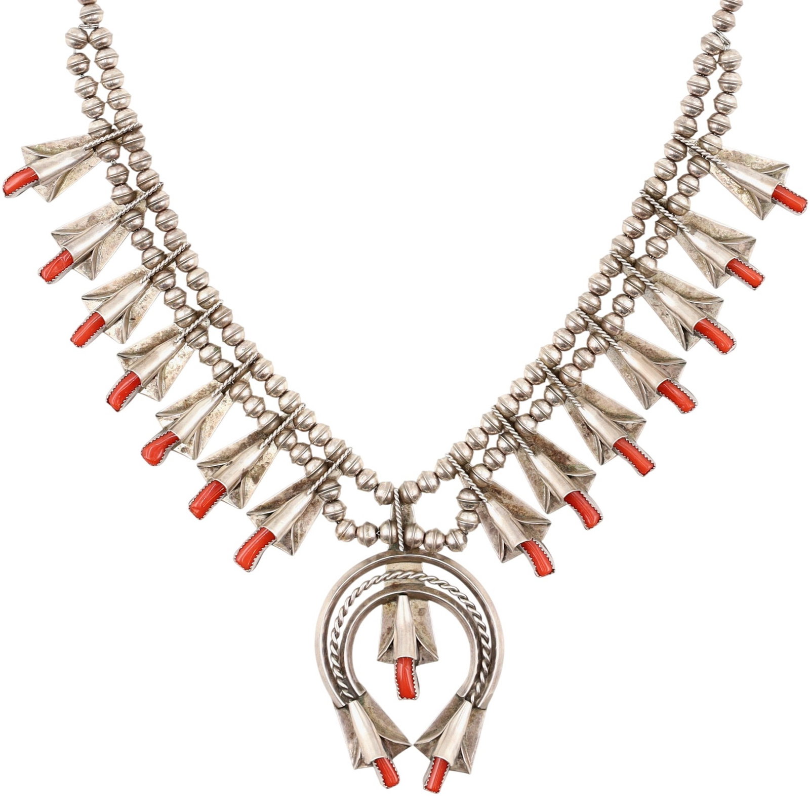 Richardson's Trading Post Louise Yazzie Navajo Sterling Coral Squash Blossom Necklace (1 of 8)