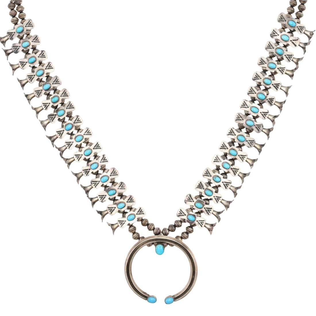 Richardson's Trading Post Leon Kirlie Navajo Sterling Turquoise Squash Blossom Necklace (1 of 8)
