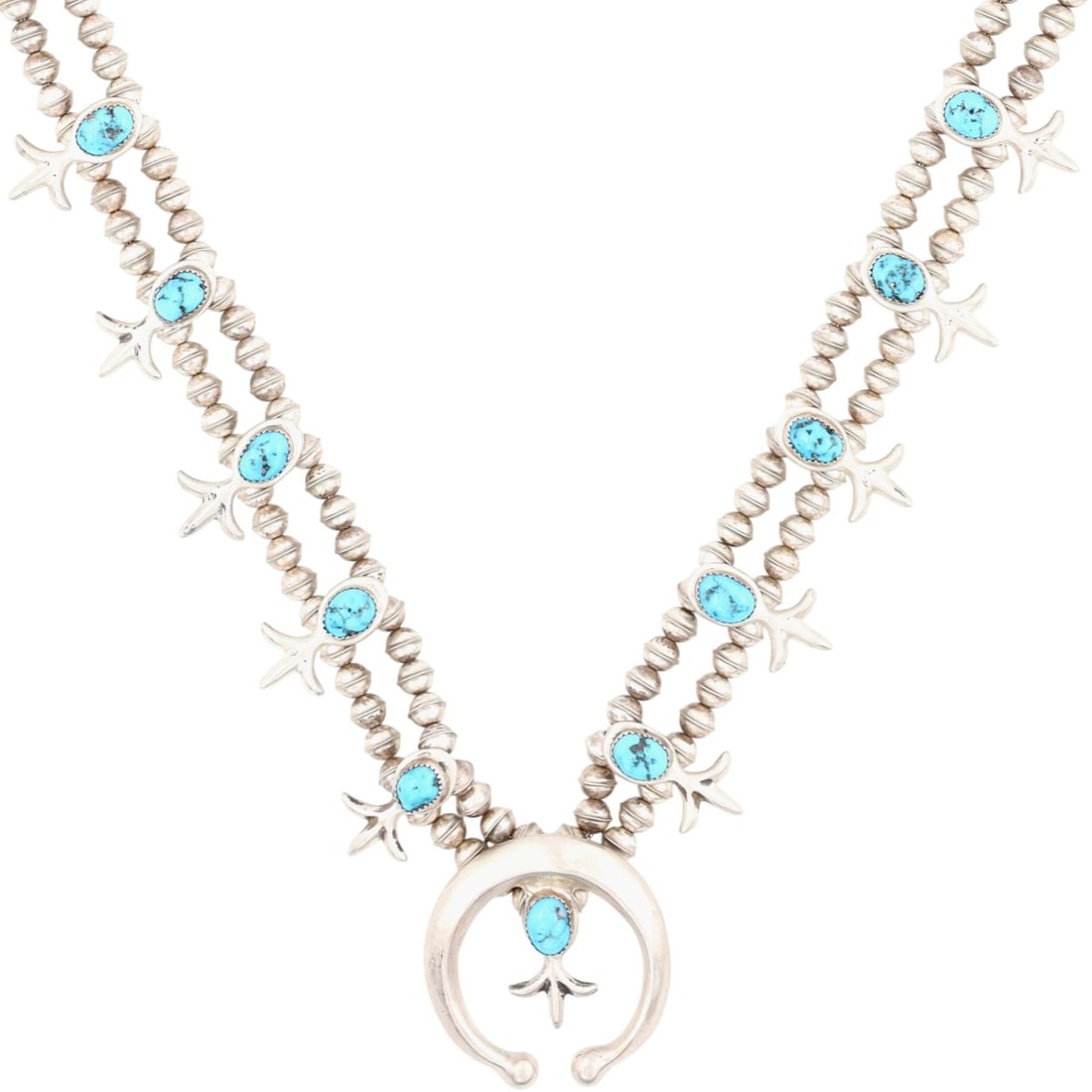 Richardson's Trading Post Gene Nataan Navajo Sterling Turquoise Squash Blossom Necklace: Presented in partnership with the historic Richardson’s Trading Post, a cornerstone of Native American jewelry since 1913. Selected from their archives of rare vintage and contemporary pieces. Gene