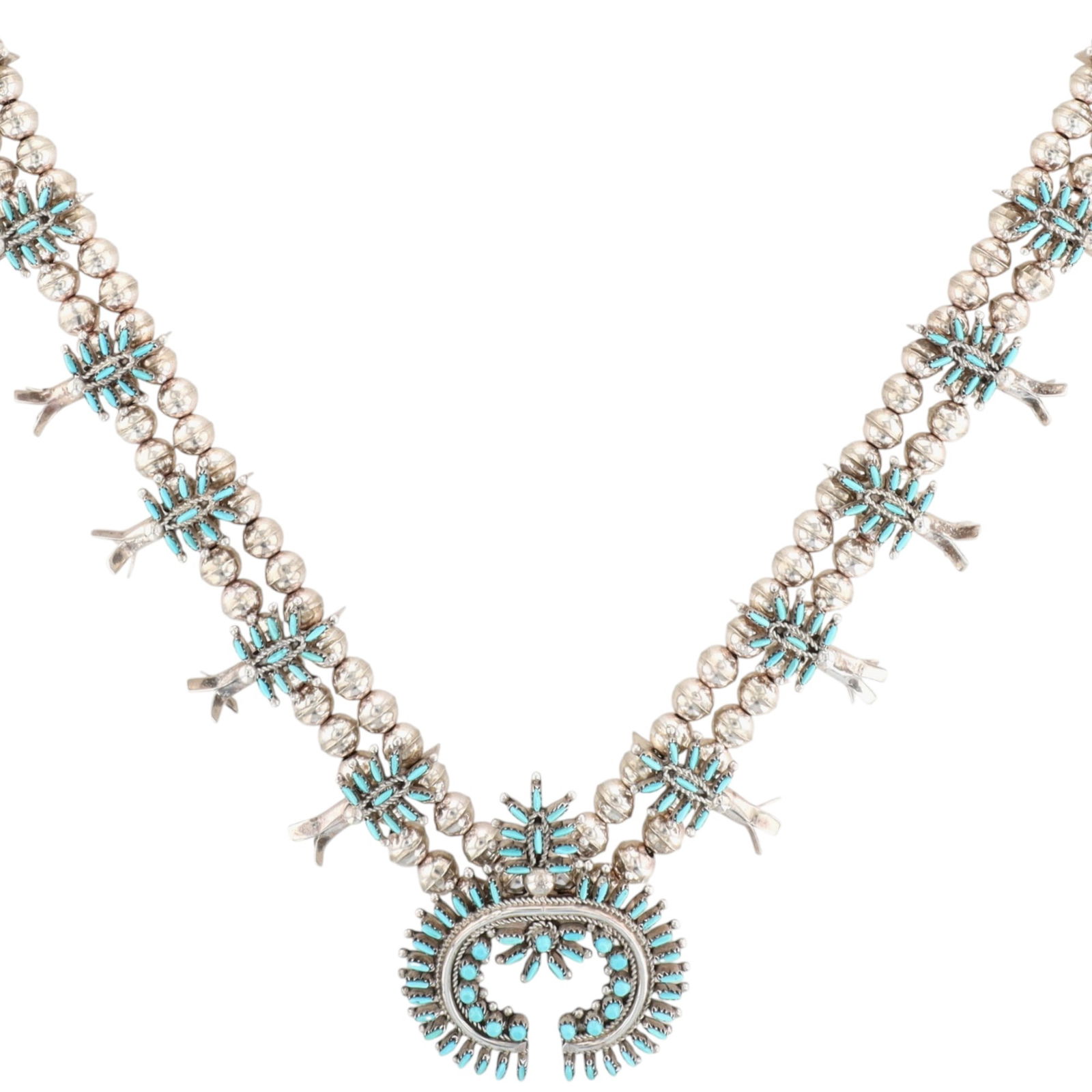 Norman Jr & Virginia Hooee Zuni Sterling Needlepoint Turquoise Squash Blossom Necklace (1 of 7)