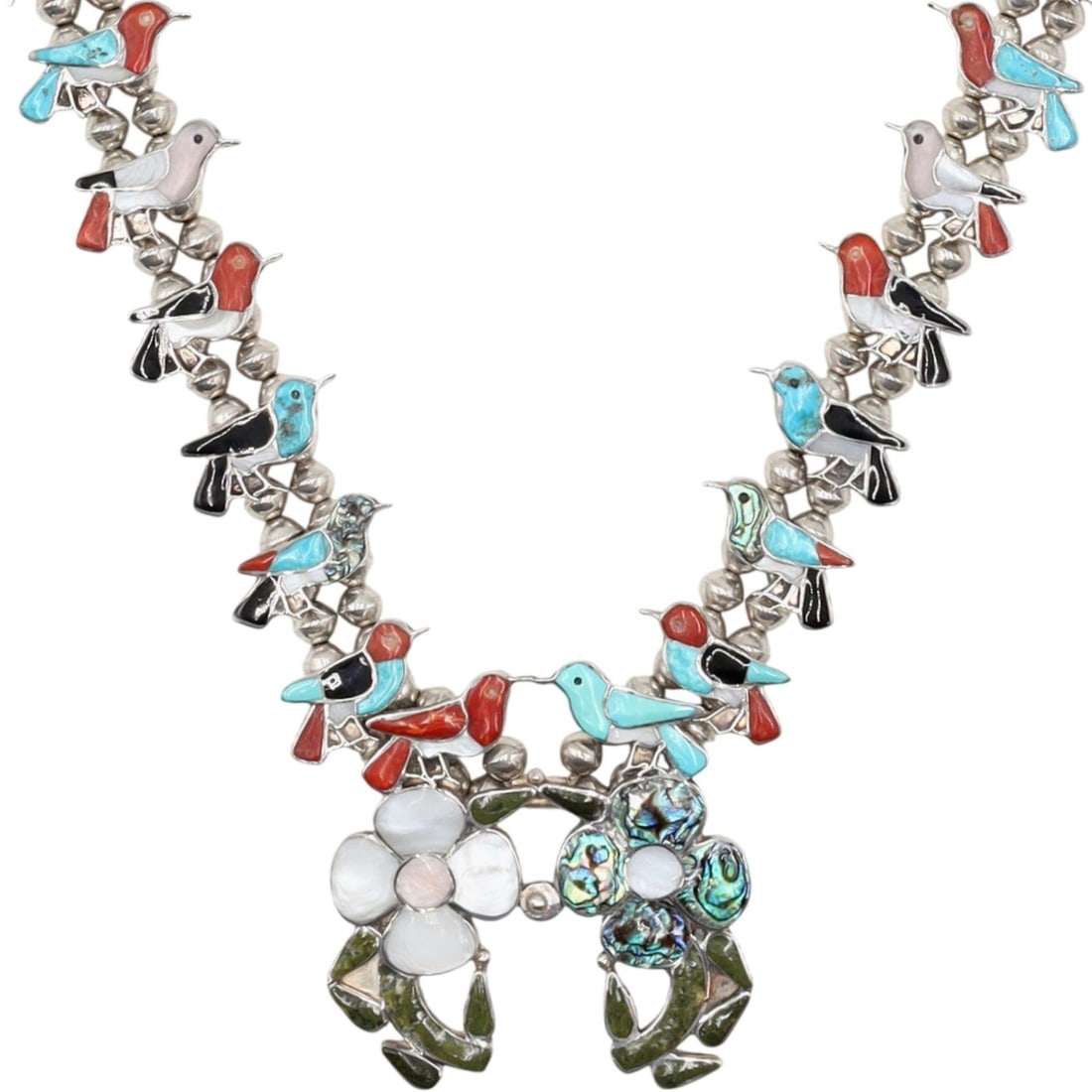 Vintage Zuni Sterling Multi-Stone Inlay Bird Flower Fetish Necklace: Vintage Zuni Sterling Multi-Stone Inlay Bird On Cactus Flower Fetish Necklace 143g-Turquoise, Coral, Onyx, Abalone, Mother-of-Pearl, Agate-Approx 30 inches