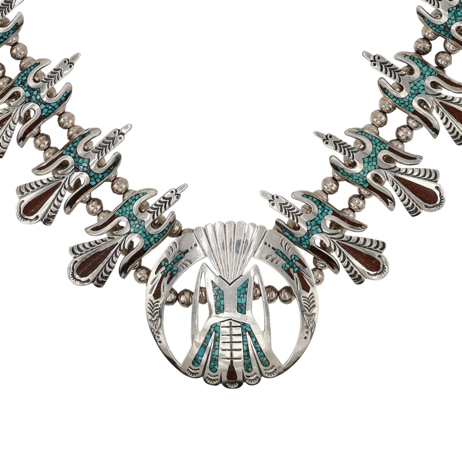 R Yazzie Navajo Sterling Crushed Multi-Stone Peyote Bird Inlay Necklace: R. Yazzie Navajo Sterling Crushed Multi-Stone Peyote Bird Inlay Necklace 156g-Crushed Coral and Turquoise-Approx 26 inches