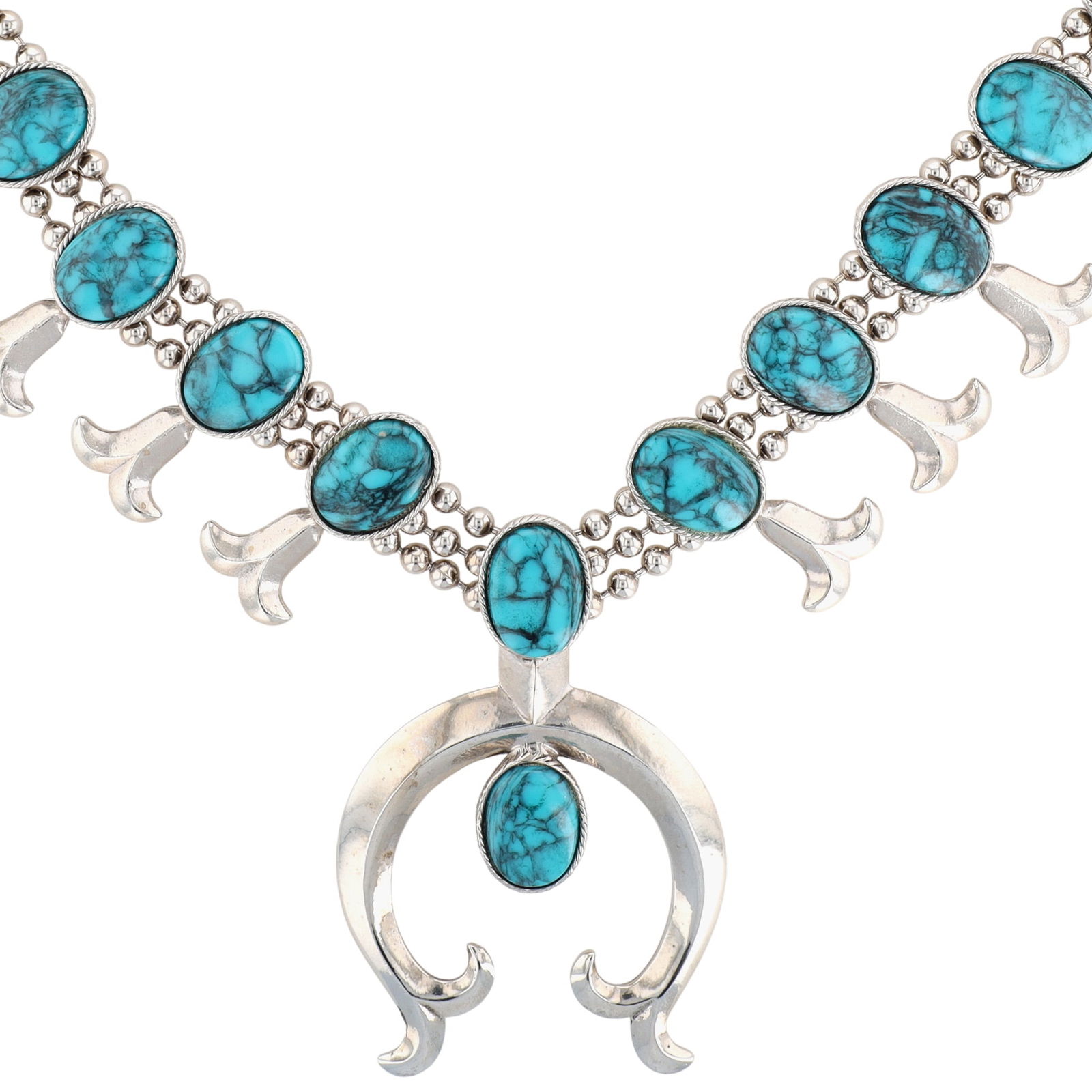 Goldette Southwestern Silvertone Faux Turquoise Squash Blossom Necklace: Goldette Southwestern Silvertone Faux Turquoise Squash Blossom Necklace 163g-Approx 24 inches