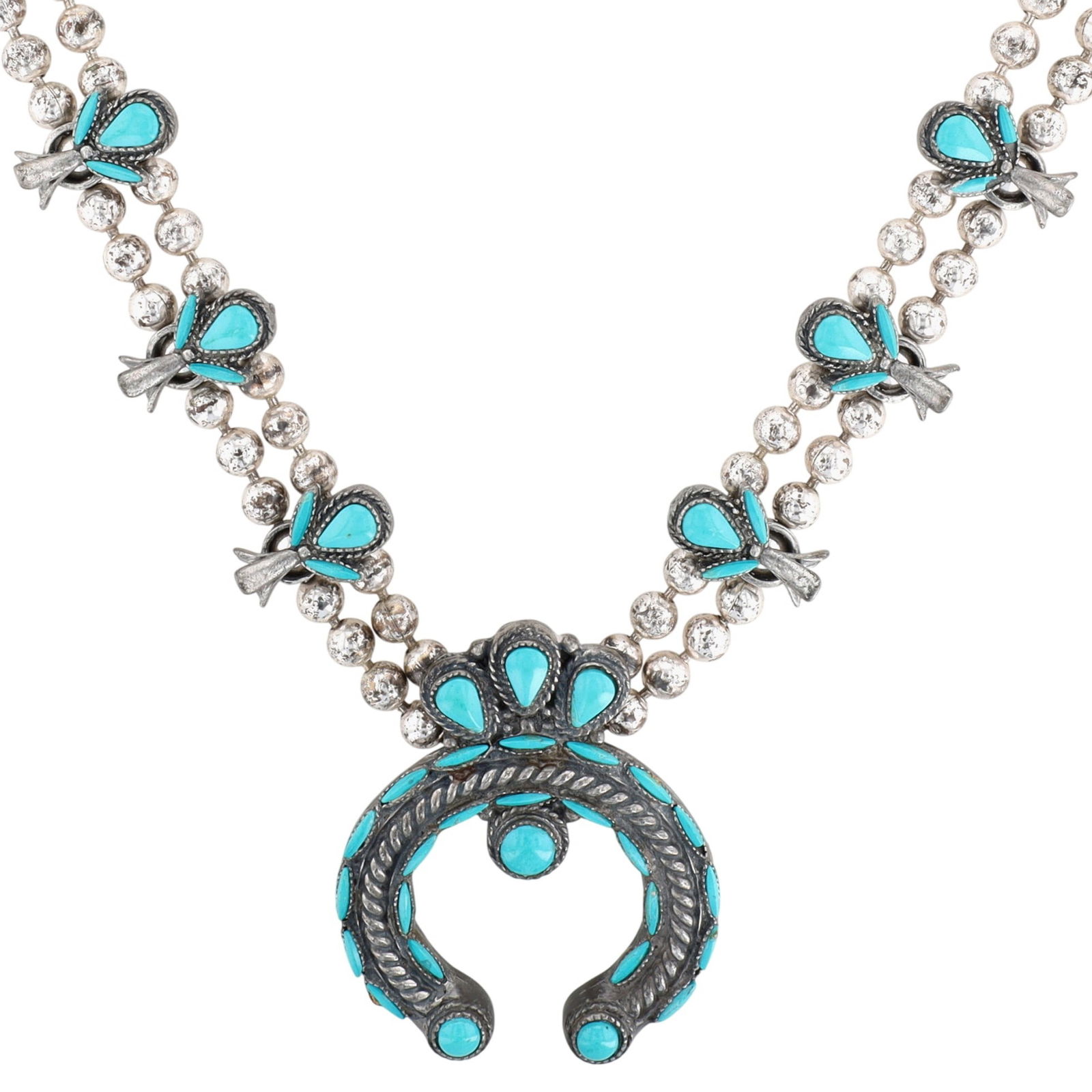 1950s Sancrest Southwestern Silver Tone Faux Turquoise Squash Blossom Necklace (1 of 7)