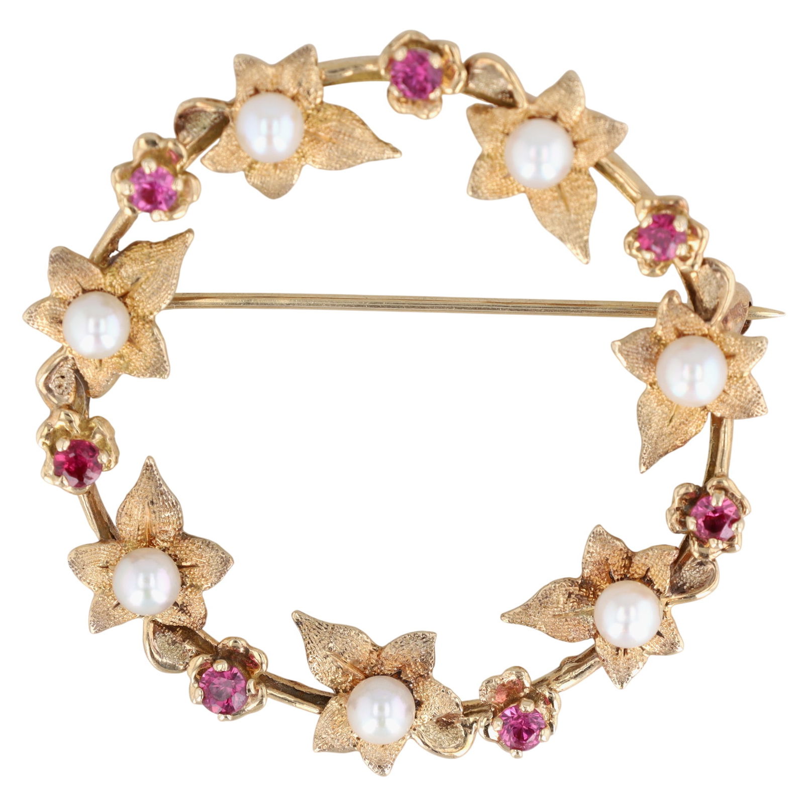 14K Gold Ruby Pearl Textured Leaf Brooch (1 of 3)