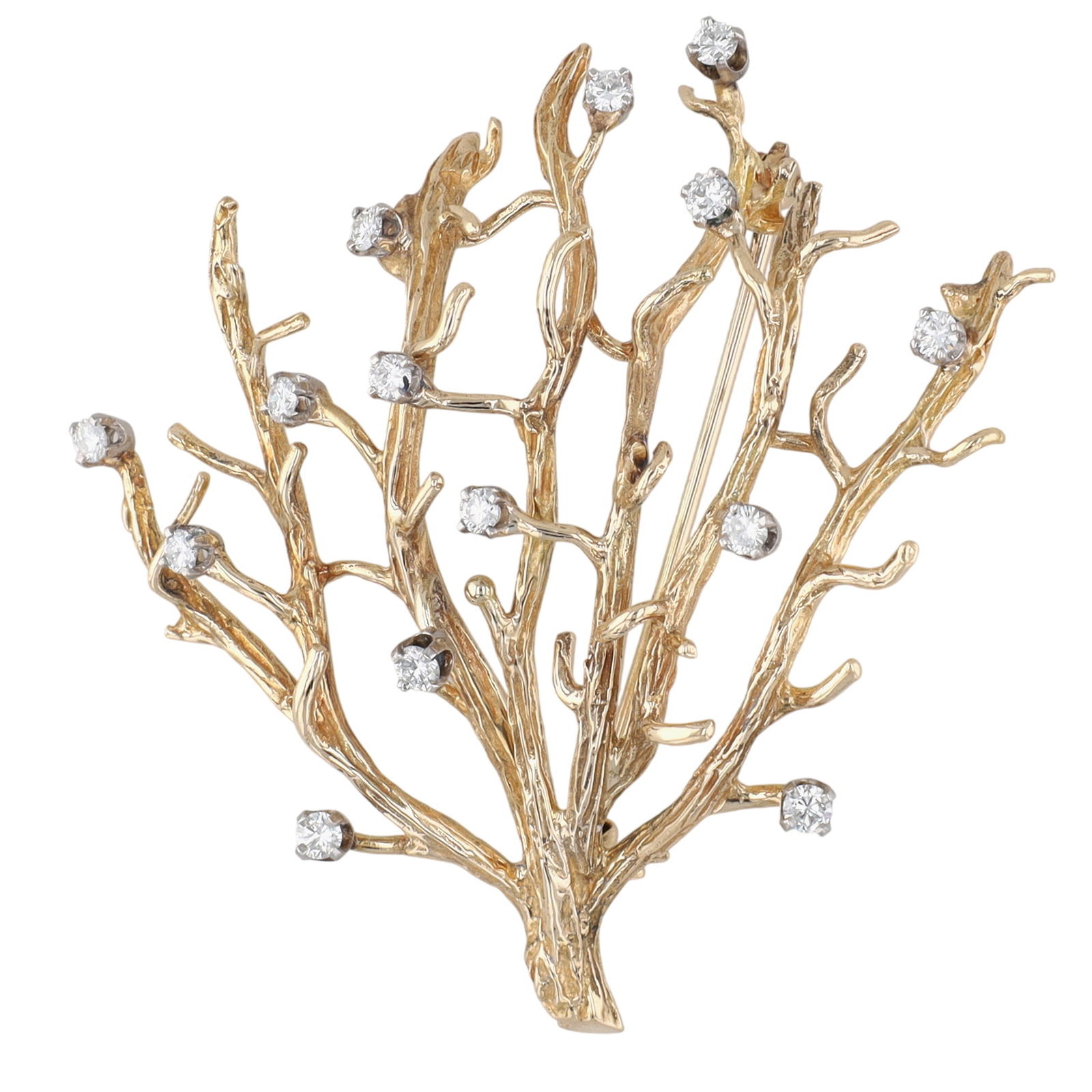 Merrin French 18K Gold Diamond Blossom Branch Brooch: Merrin French 18K Gold Diamond Blossom Branch Brooch 17g-Diamond: (14) 2.5mm, Approx .85 CTW
