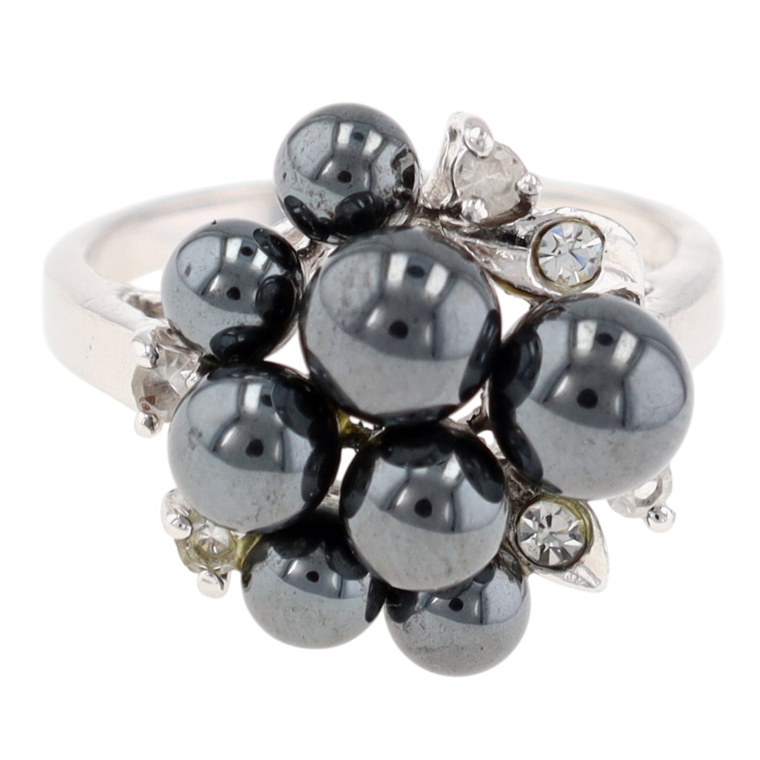 14KT Gold Electroplate Faux Black Pearl Rhinestone Ring Sz 7.5: 14KT Gold Electroplate Faux Black Pearl Rhinestone Ring Sz 7.5, 5.7g