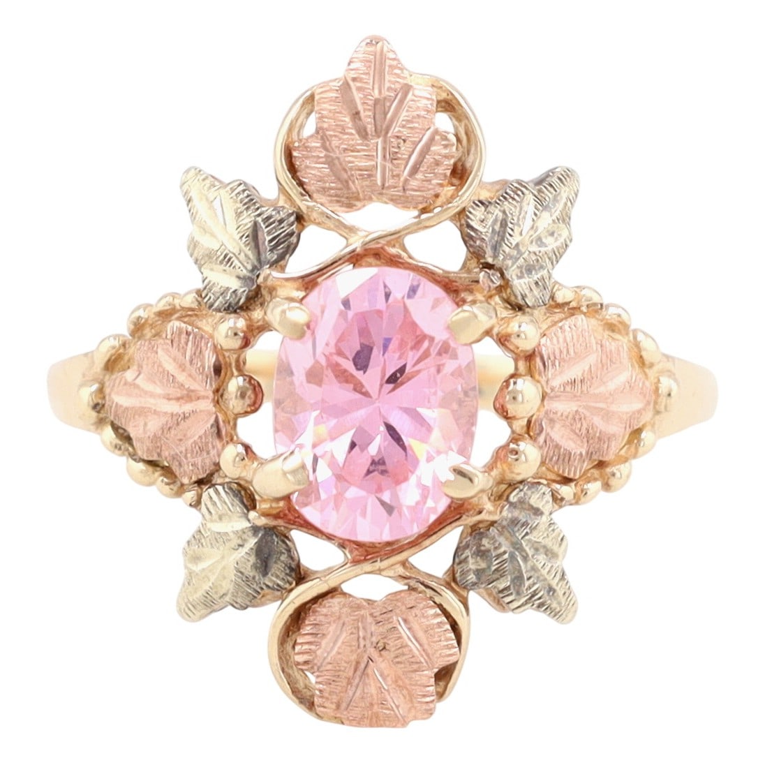 Black Hills 10K Gold Pink Tourmaline Grape Leaf Ring Sz 8: Black Hills 10K Gold Pink Tourmaline Grape Leaf Ring Sz 8, 3.9g-Tourmaline: 6mm X 8mm, Approx 1.5 CTW