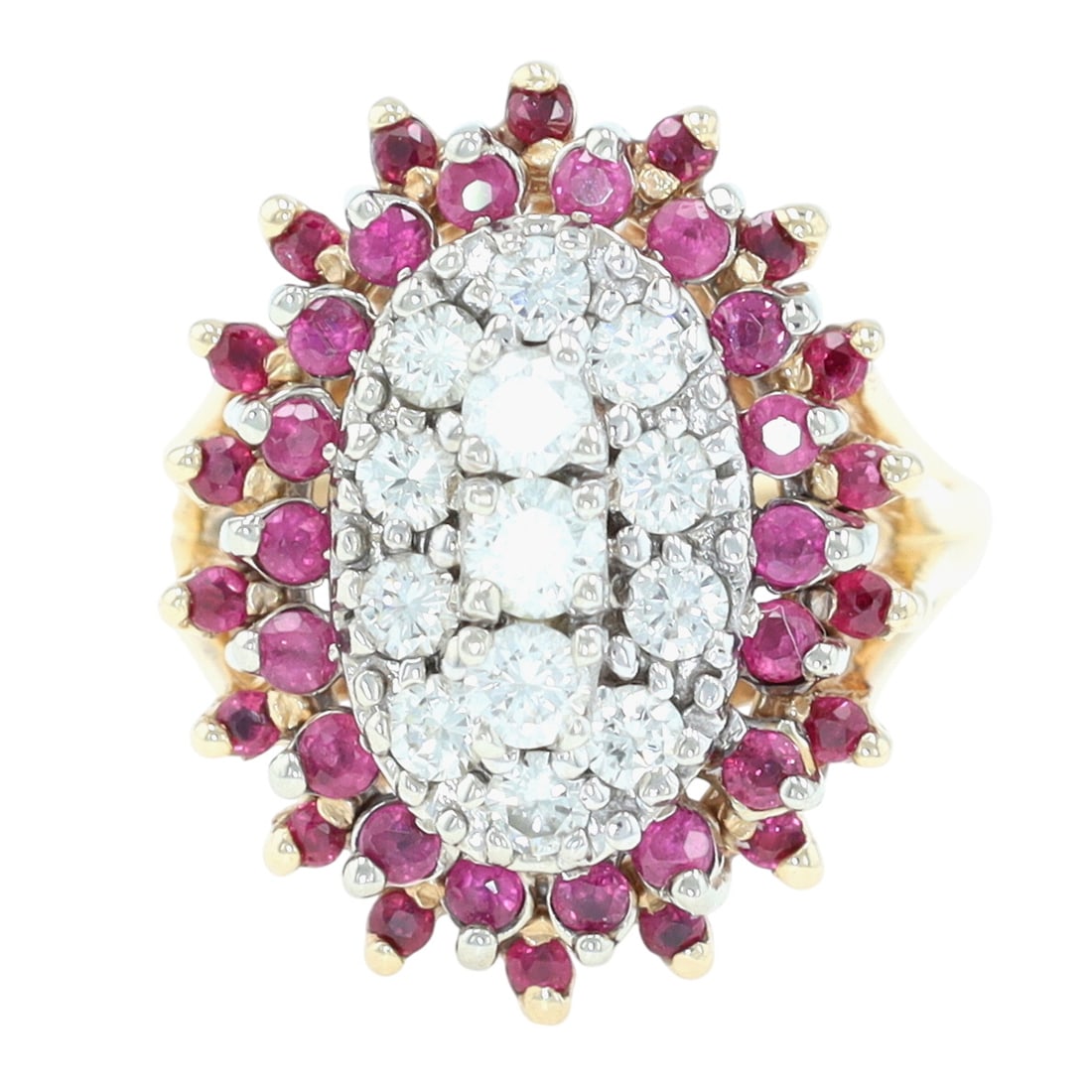 ROR G 14K Plumb Gold Multi-Stone Cluster Cocktail Ring Sz 7.25: ROR G 14K Plumb Gold Multi-Stone Cluster Cocktail Ring Sz 7.25, 9.4g-Ruby: (18) 1.5mm-Ruby: (18) 1.75mm-Diamond: (10) 2.5mm-Diamond: (3) 3mm