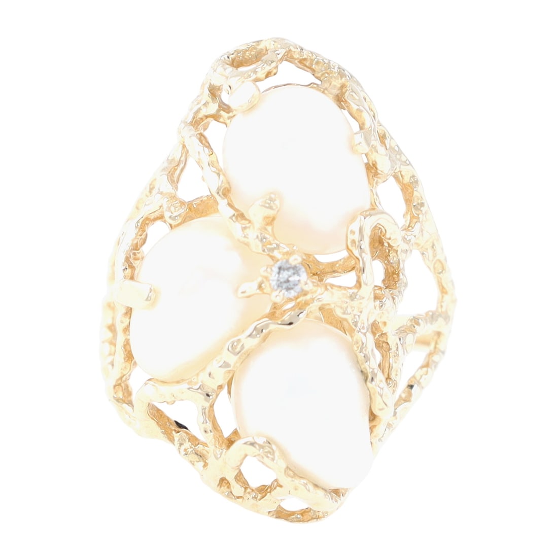 Signed 14K Gold Diamond Pearl Cluster Coral Branch Ring Sz 7: Signed 'P' 14K Gold Diamond Pearl Cluster Coral Branch Ring Sz 7, 6.4g-Diamond: .03 CTW-Pearl: (3) 10mm X 7mm